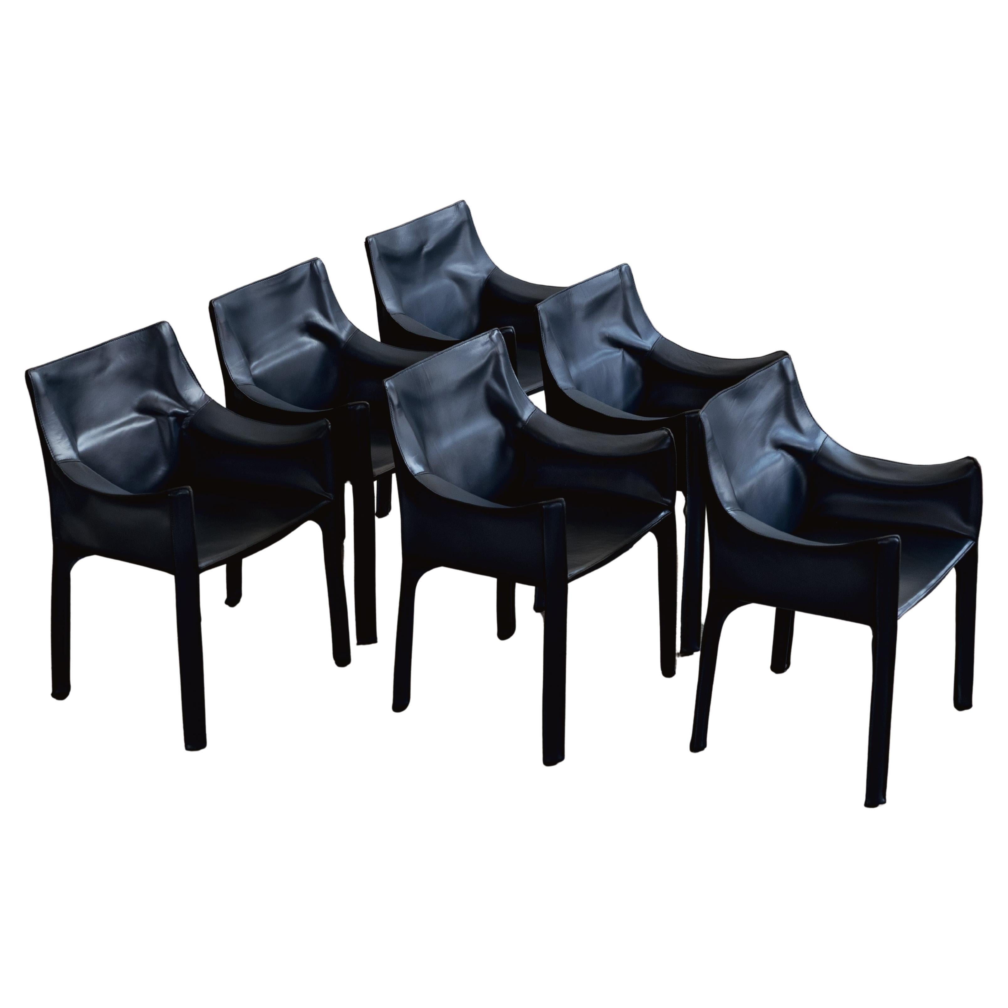 Chaises de salle à manger "CAB 413" de Mario Bellini pour Cassina, cuir bleu, 1977, ensemble de 6 pièces