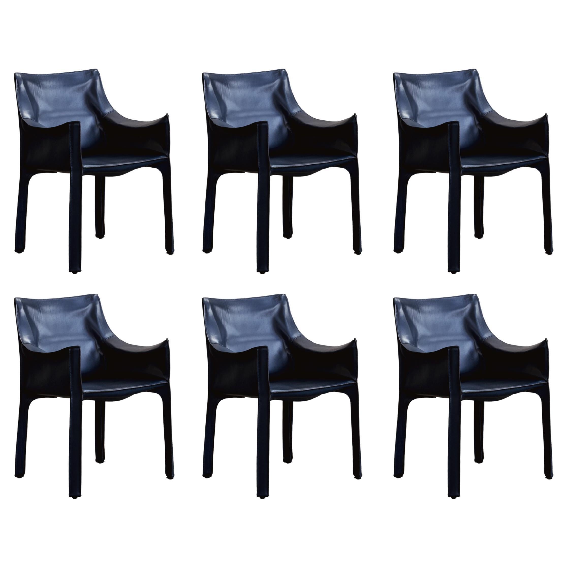 Chaises de salle à manger "CAB 413" de Mario Bellini pour Cassina, cuir bleu, 1977, ensemble de 6 pièces en vente