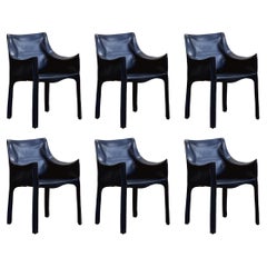 Chaises de salle à manger "CAB 413" de Mario Bellini pour Cassina, cuir bleu, 1977, ensemble de 6 pièces