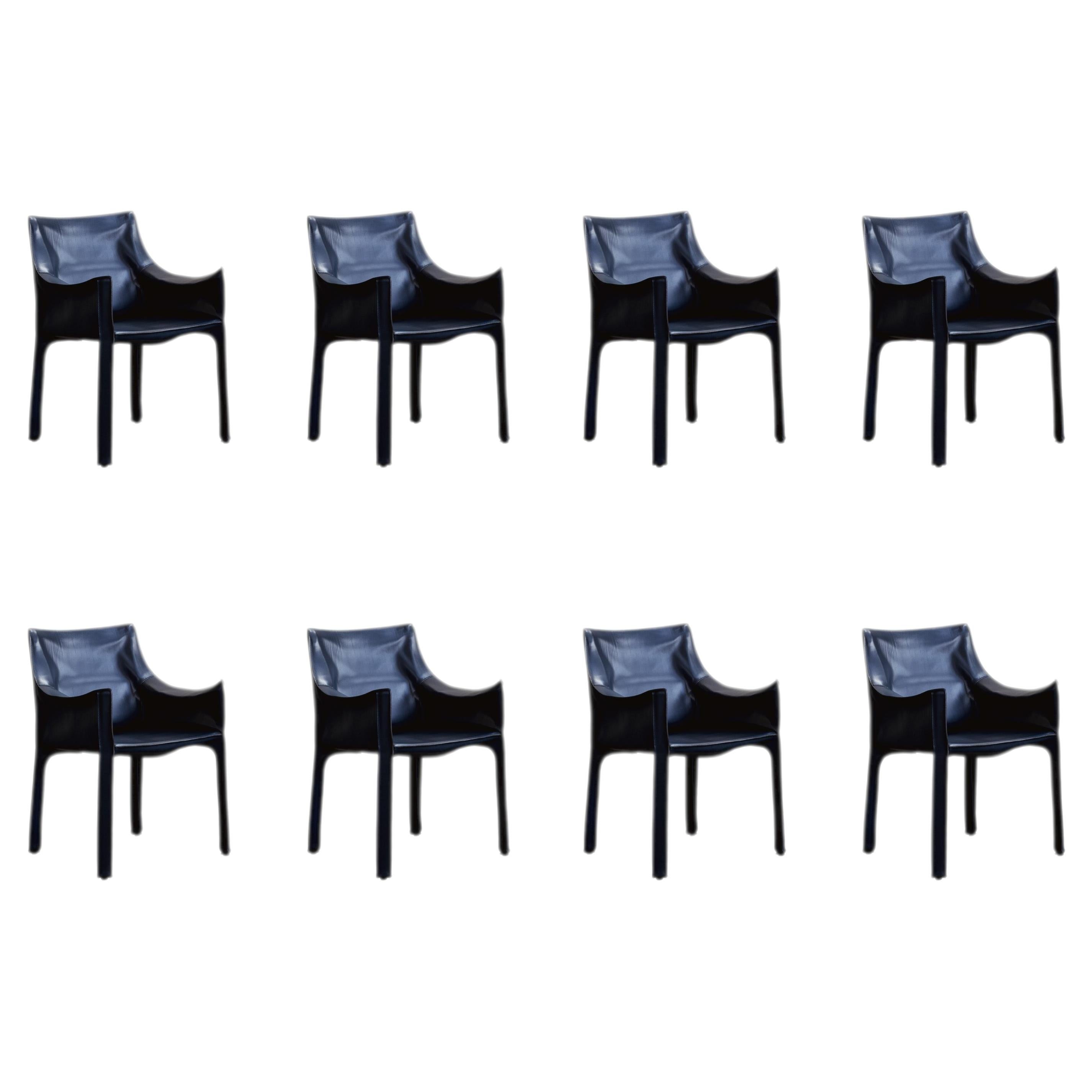 Mario Bellini “CAB 413” Dining Chairs for Cassina, Blue Leather, 1977, Set of 8