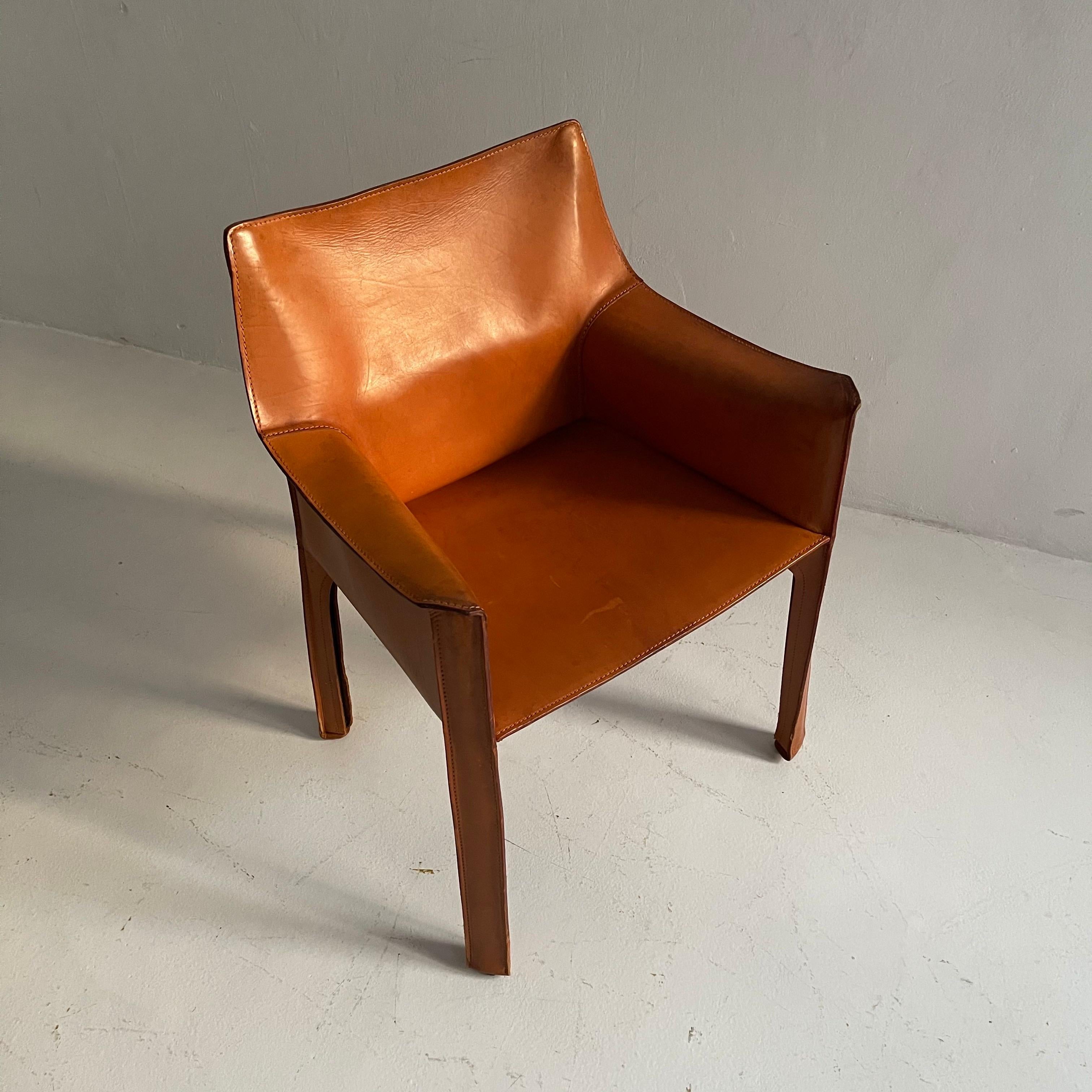 Mario Bellini Cassina CAB 413 Pair Armchairs in Patinated Cognac Leather, 1970s 3