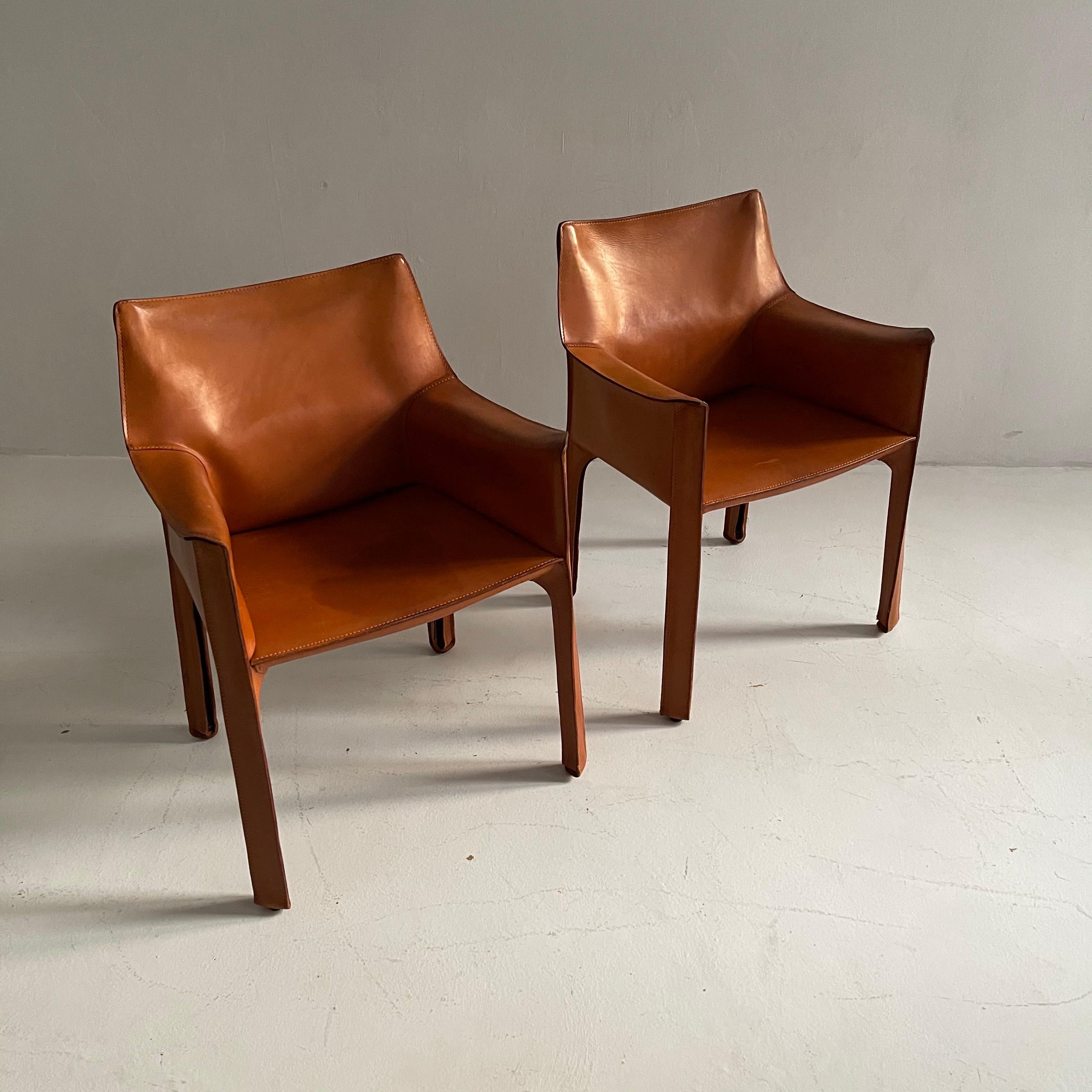 Mario Bellini Cassina CAB 413 Pair Armchairs in Patinated Cognac Leather, 1970s 8