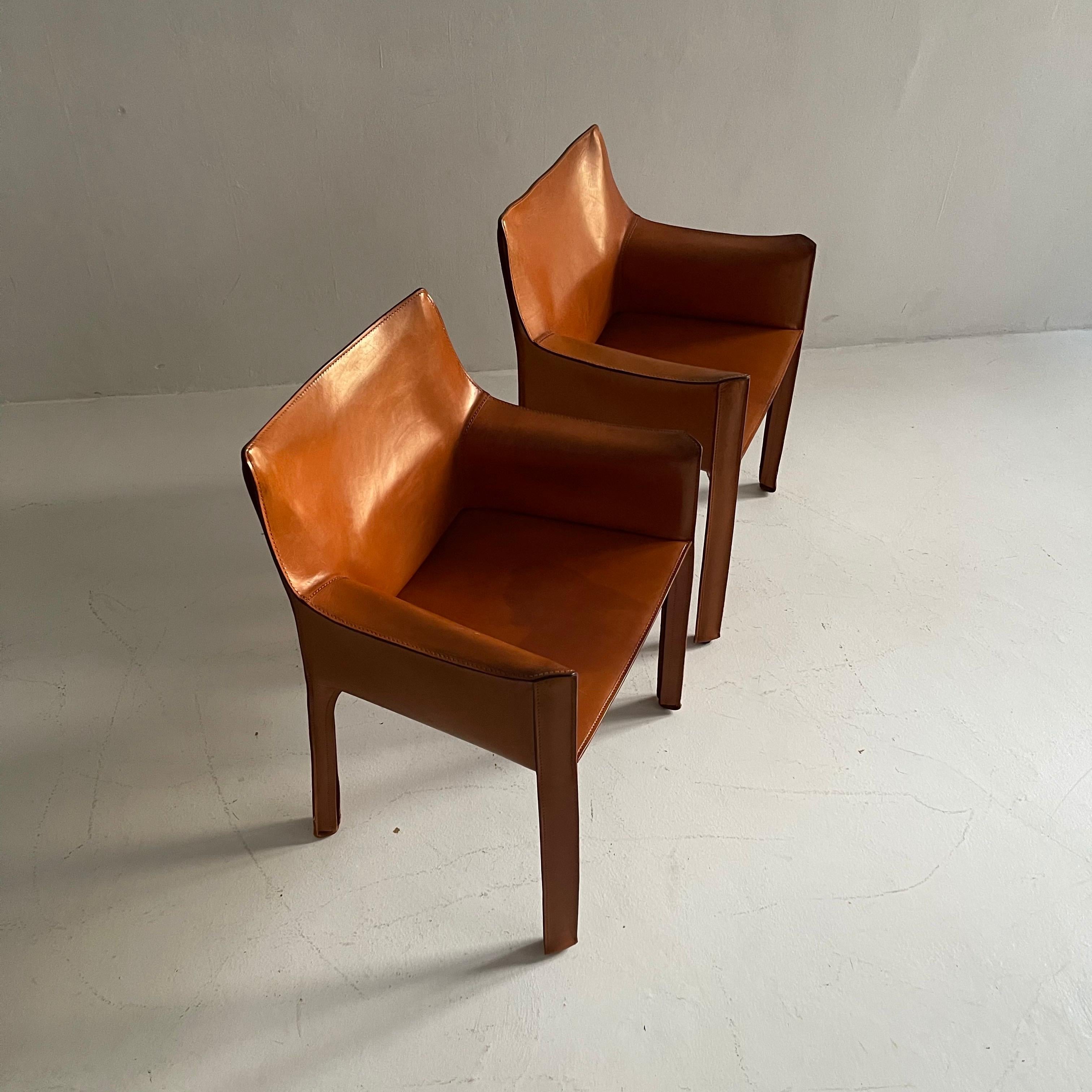 Late 20th Century Mario Bellini Cassina CAB 413 Pair Armchairs in Patinated Cognac Leather, 1970s