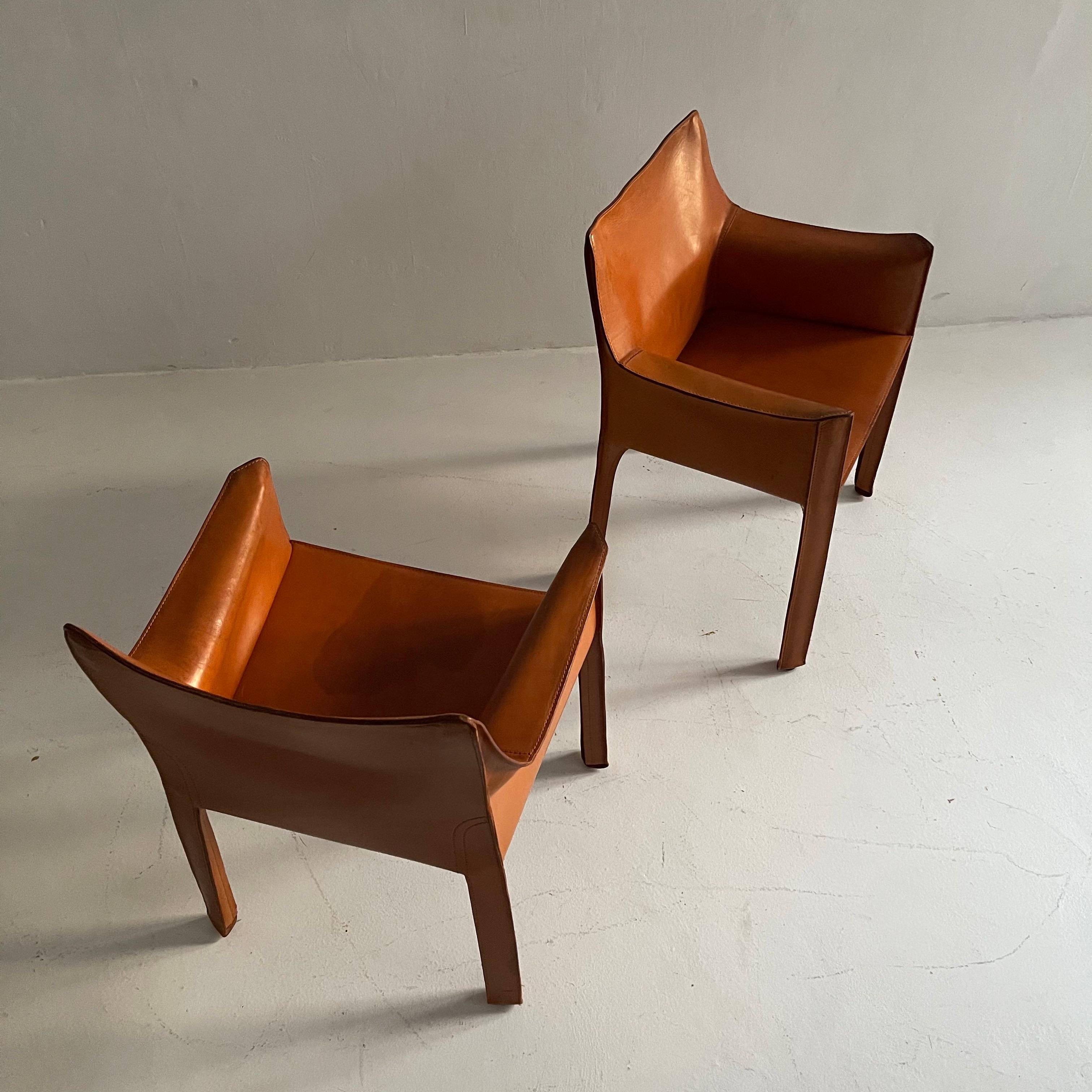 Metal Mario Bellini Cassina CAB 413 Pair Armchairs in Patinated Cognac Leather, 1970s