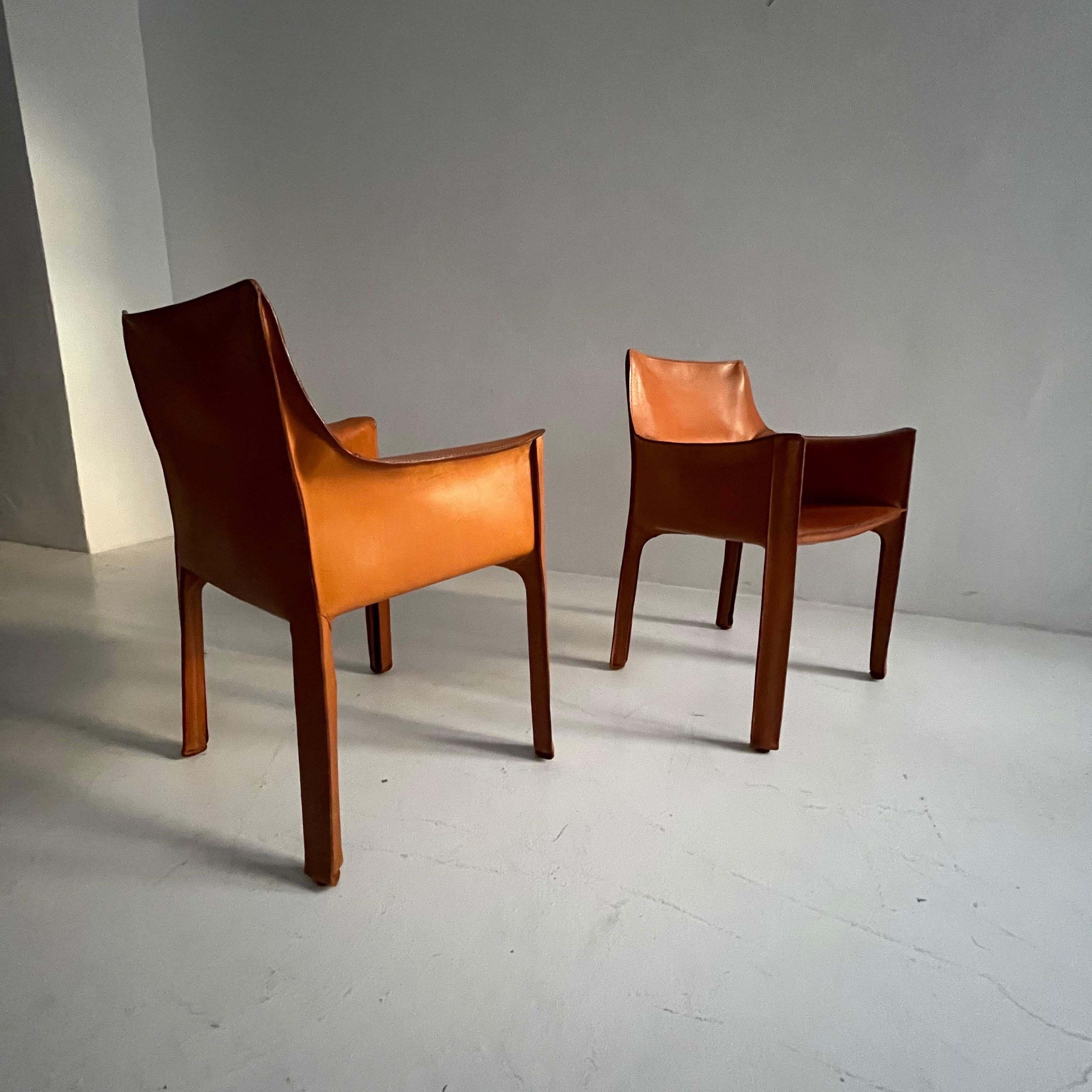 Mario Bellini Cassina CAB 413 Pair Armchairs in Patinated Cognac Leather, 1970s 2