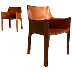 Mario Bellini Cassina CAB 413 Pair Armchairs in Patinated Cognac Leather, 1970s