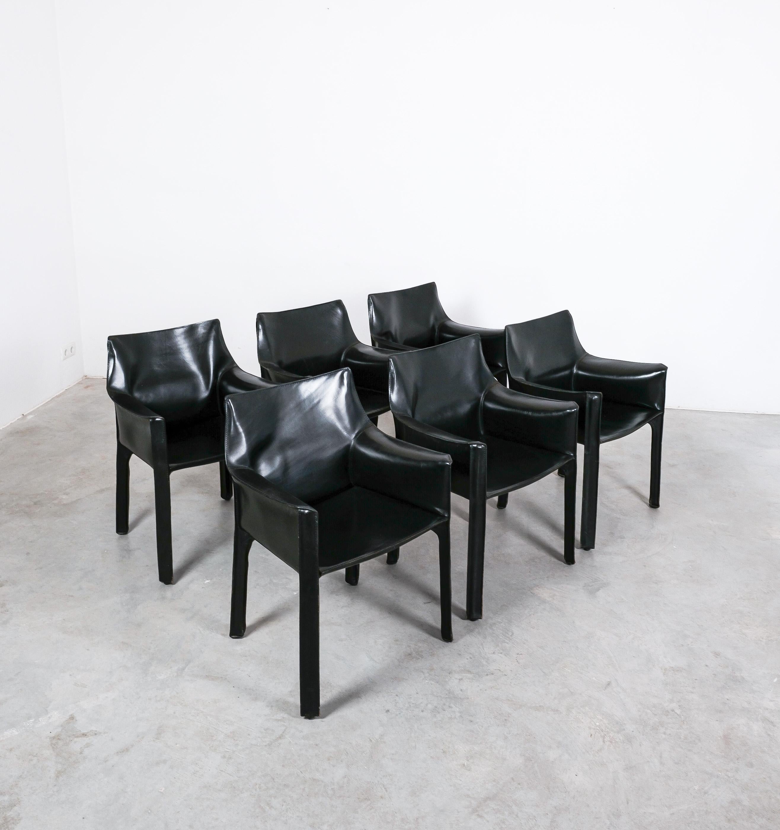 Mario Bellini Cab 413 Set of 6 Black Leather Dining Chairs, Italy 4