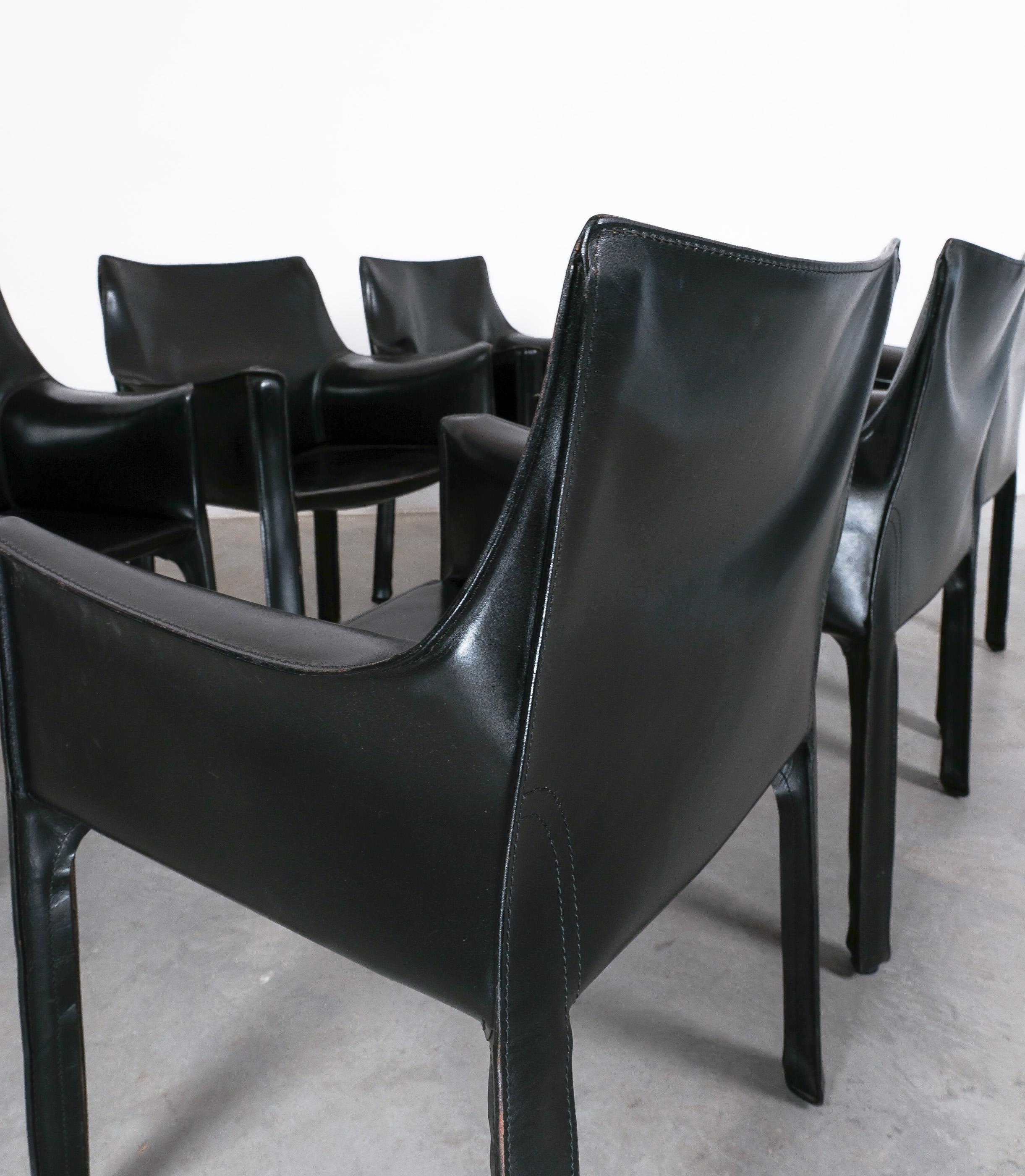 Italian Mario Bellini Cab 413 Set of 6 Black Leather Dining Chairs, Italy