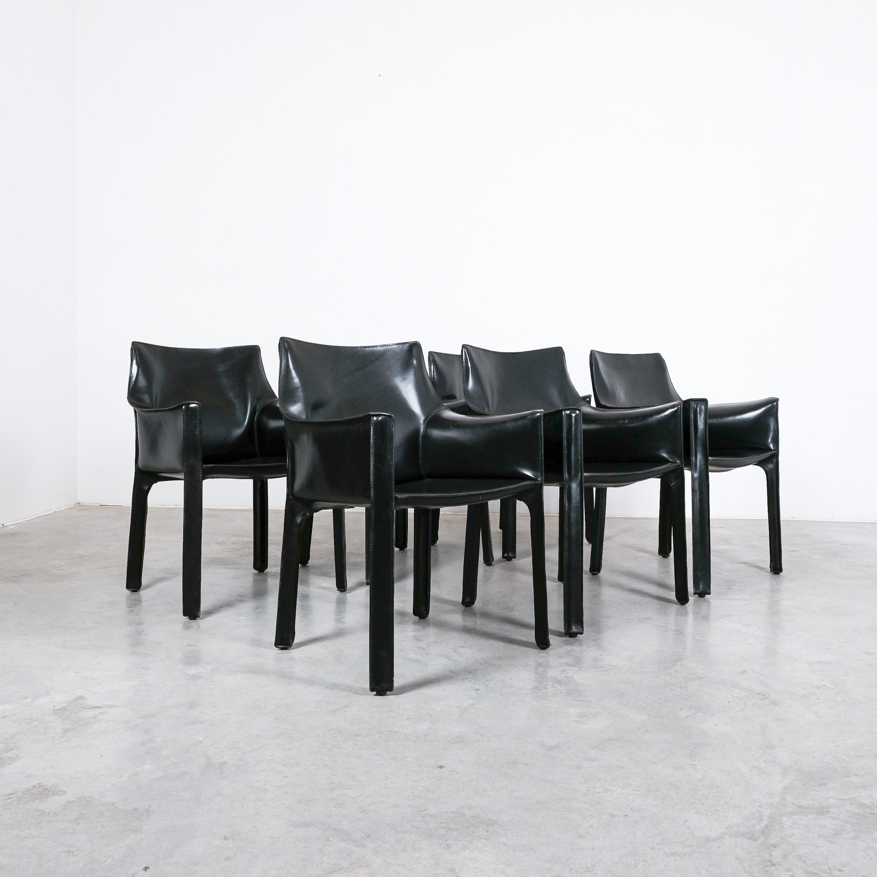 Steel Mario Bellini Cab 413 Set of 6 Black Leather Dining Chairs, Italy