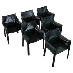Mario Bellini Cab 413 Set of 6 Black Leather Dining Chairs, Italy