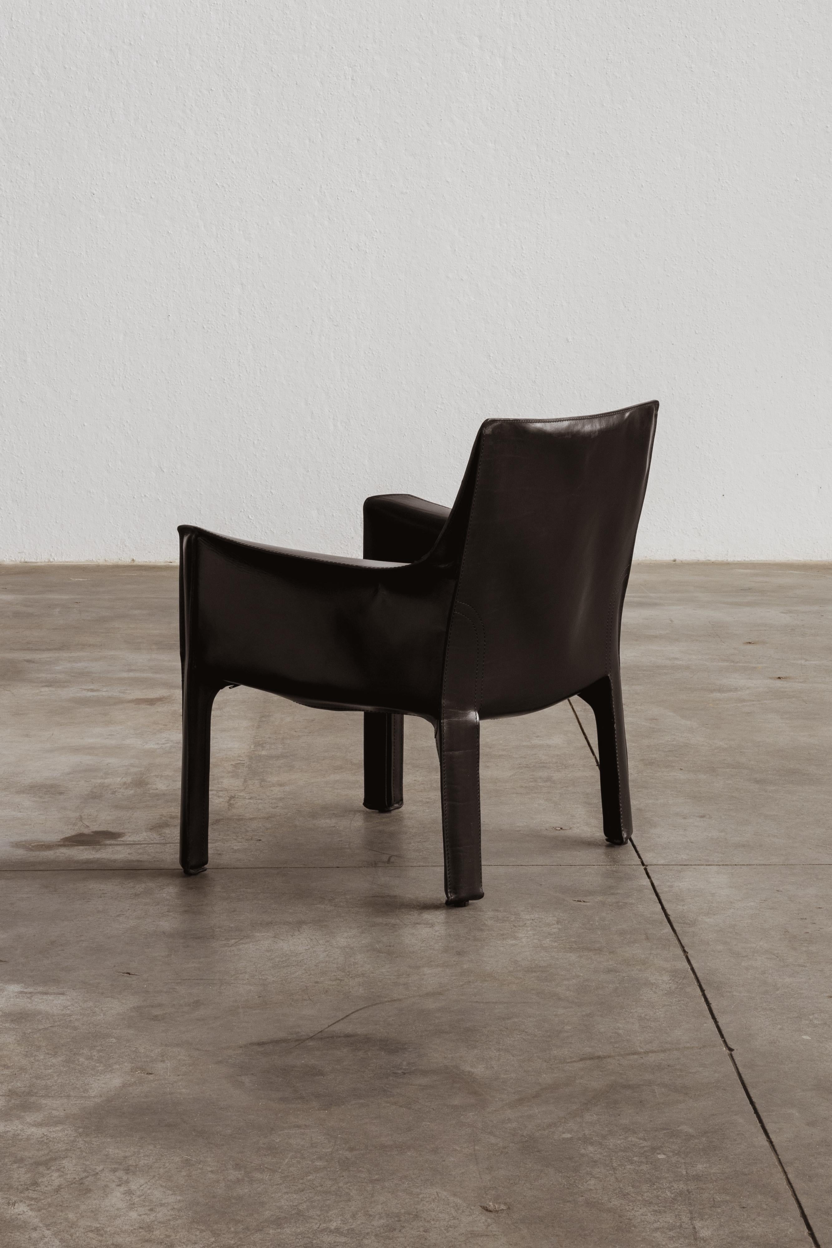 Steel Mario Bellini “CAB” 414 Chair for Cassina, Black Leather, 1977, Set of 1 For Sale