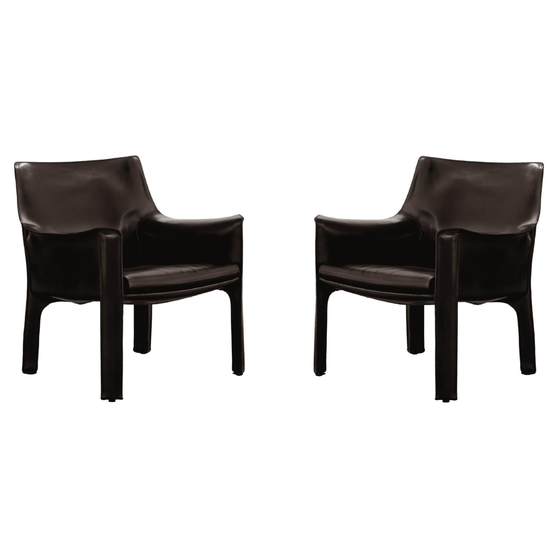 Mario Bellini “CAB” 414 Chairs for Cassina, Black Leather, 1977, Set of 2