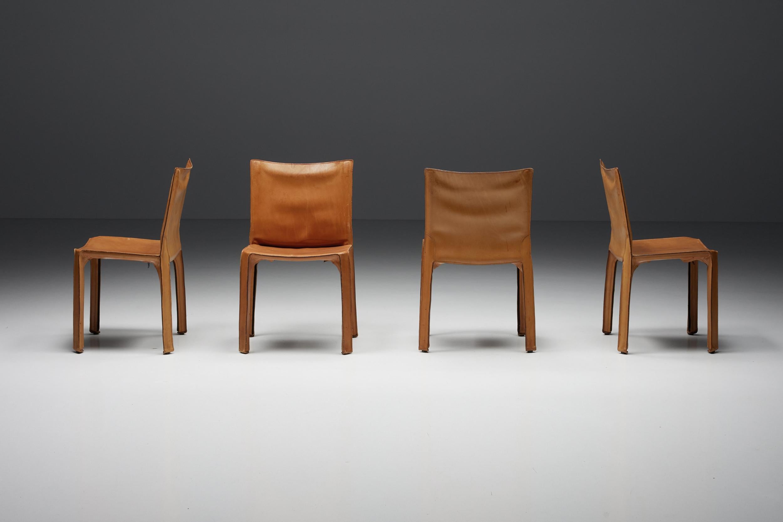 Mid-Century Modern Mario Bellini Cab Chairs Cognac Leather Dining Chairs for Cassina, Italy, 1980's