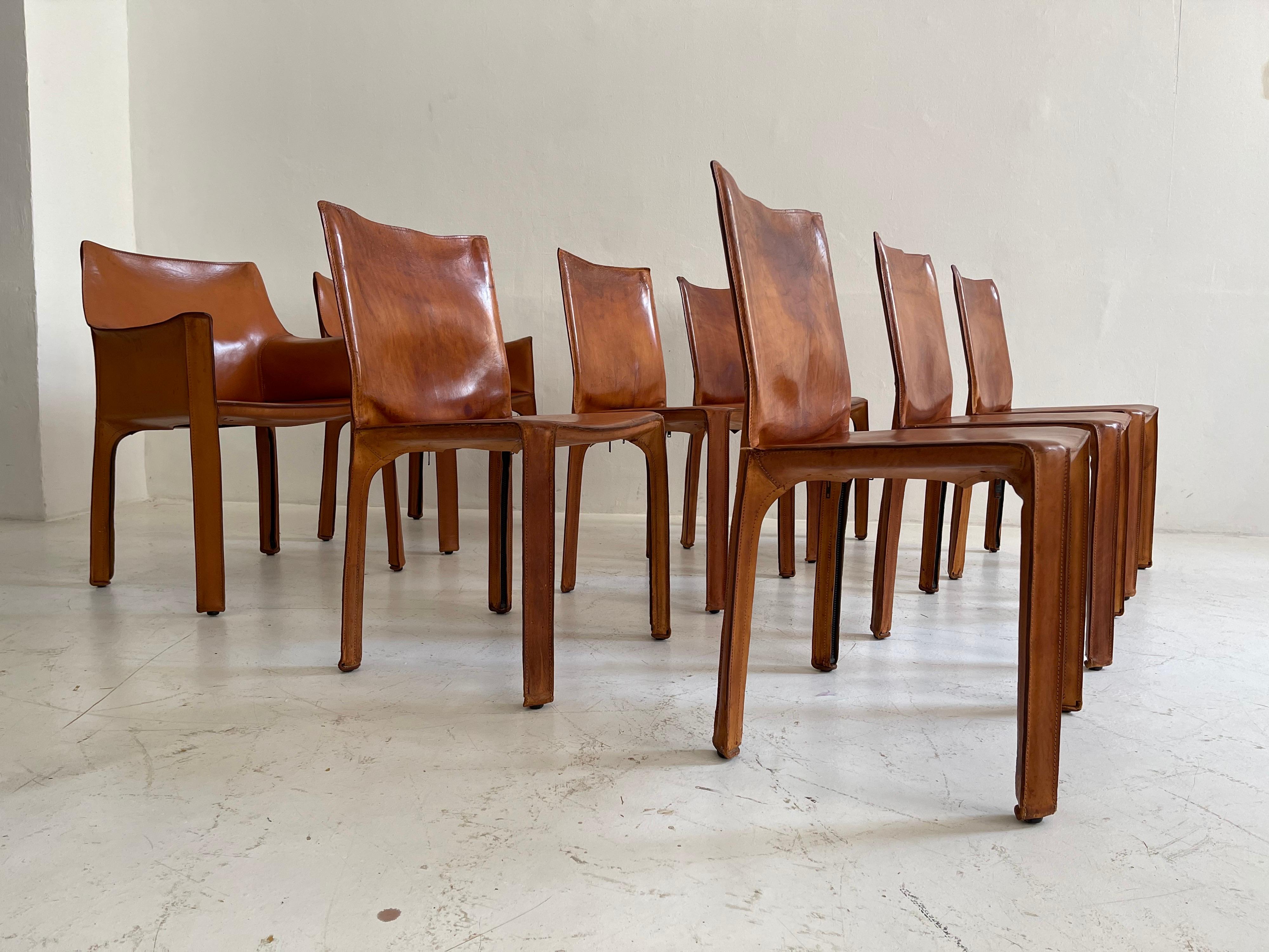 Mario Bellini CAB Chairs Set of Eight Cassina, Patinated Cognac Leather, 1970s 8
