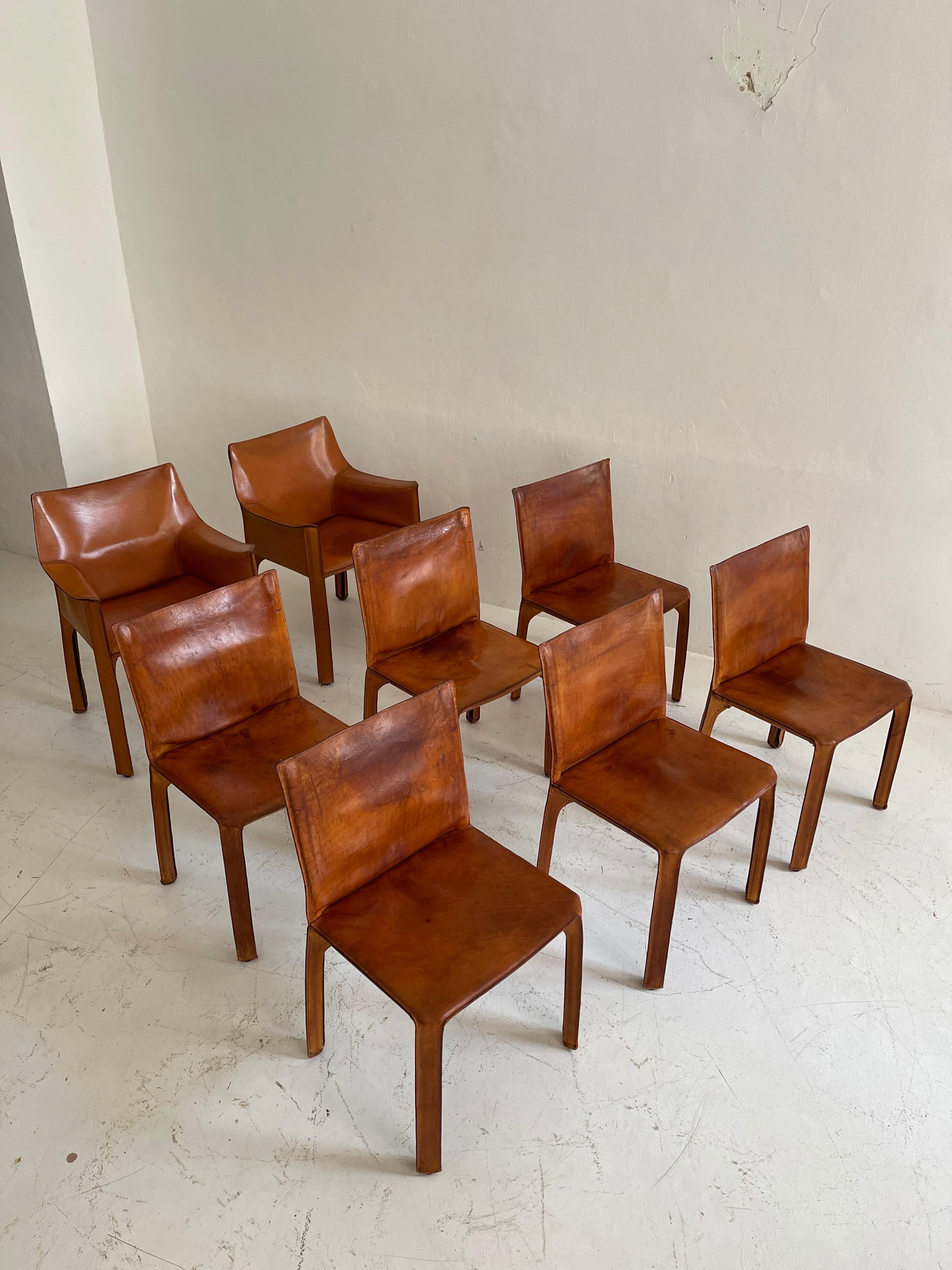 Mid-Century Modern Mario Bellini CAB Chairs Set of Eight Cassina, Patinated Cognac Leather, 1970s