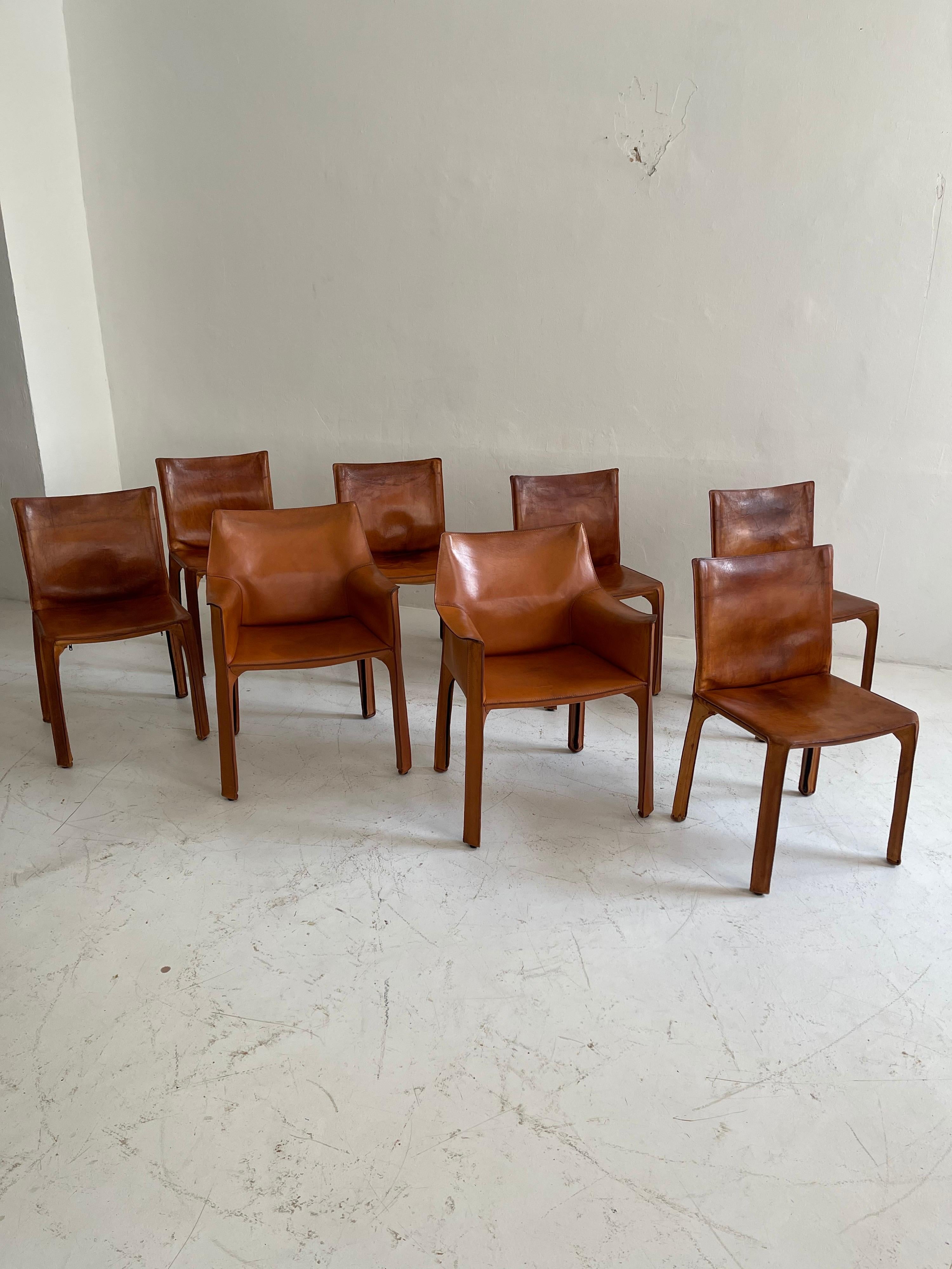 Italian Mario Bellini CAB Chairs Set of Eight Cassina, Patinated Cognac Leather, 1970s