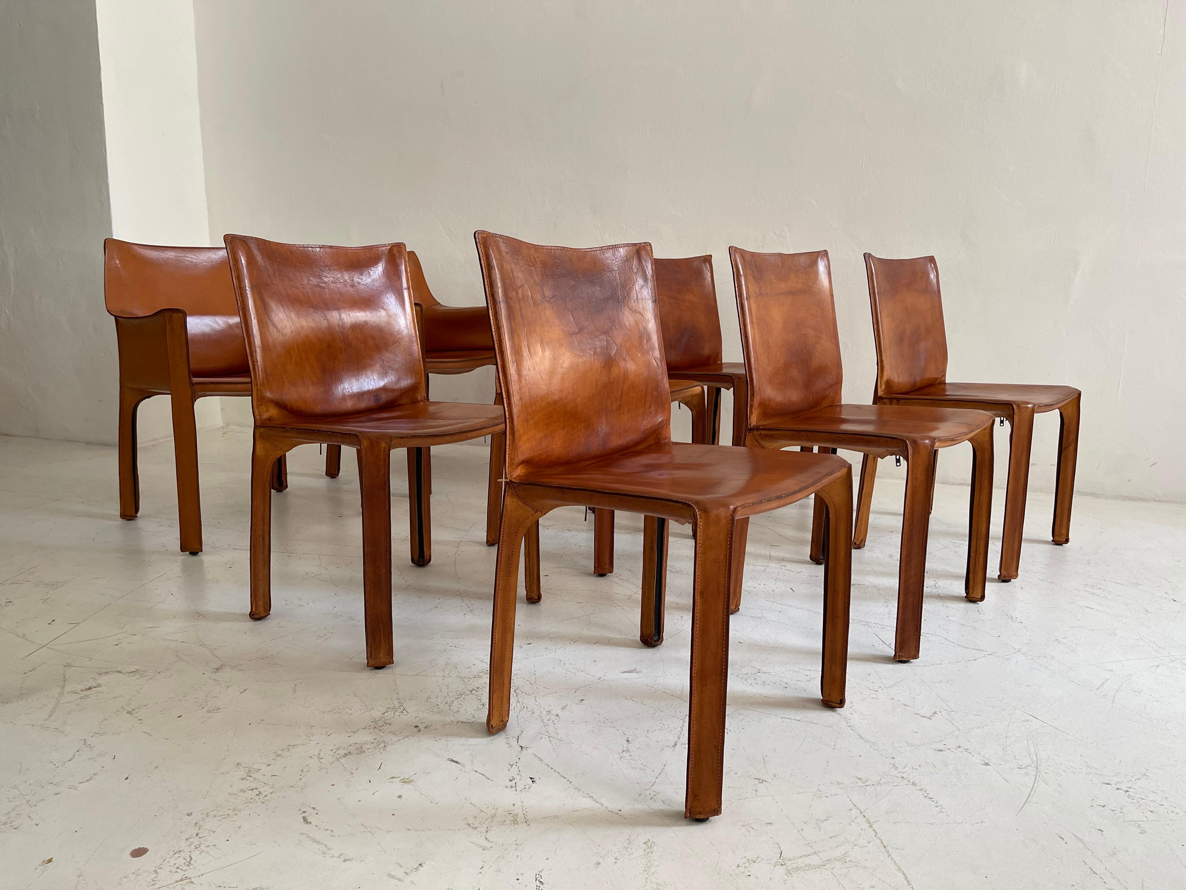 Late 20th Century Mario Bellini CAB Chairs Set of Eight Cassina, Patinated Cognac Leather, 1970s