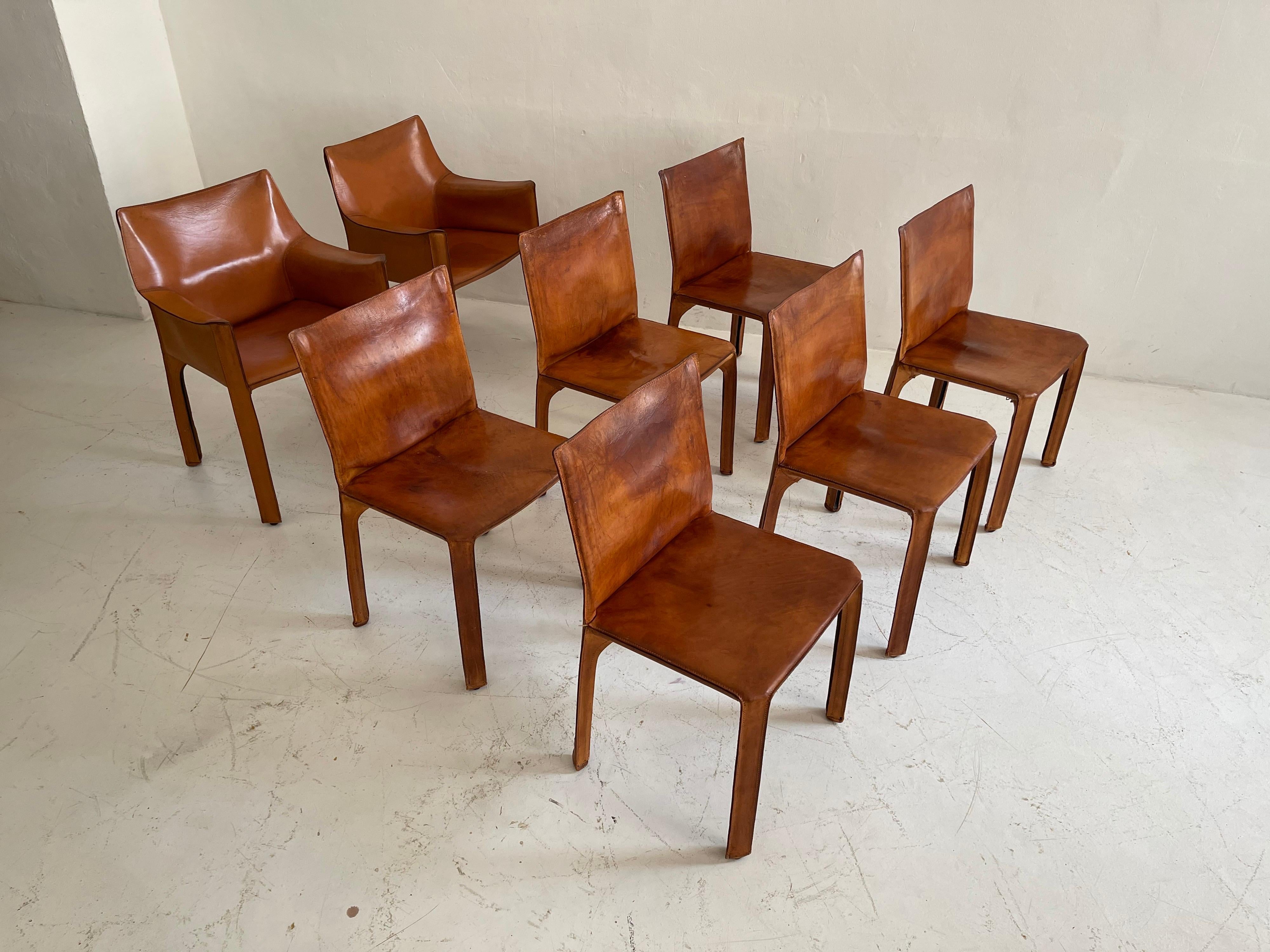 Mario Bellini CAB Chairs Set of Eight Cassina, Patinated Cognac Leather, 1970s 1