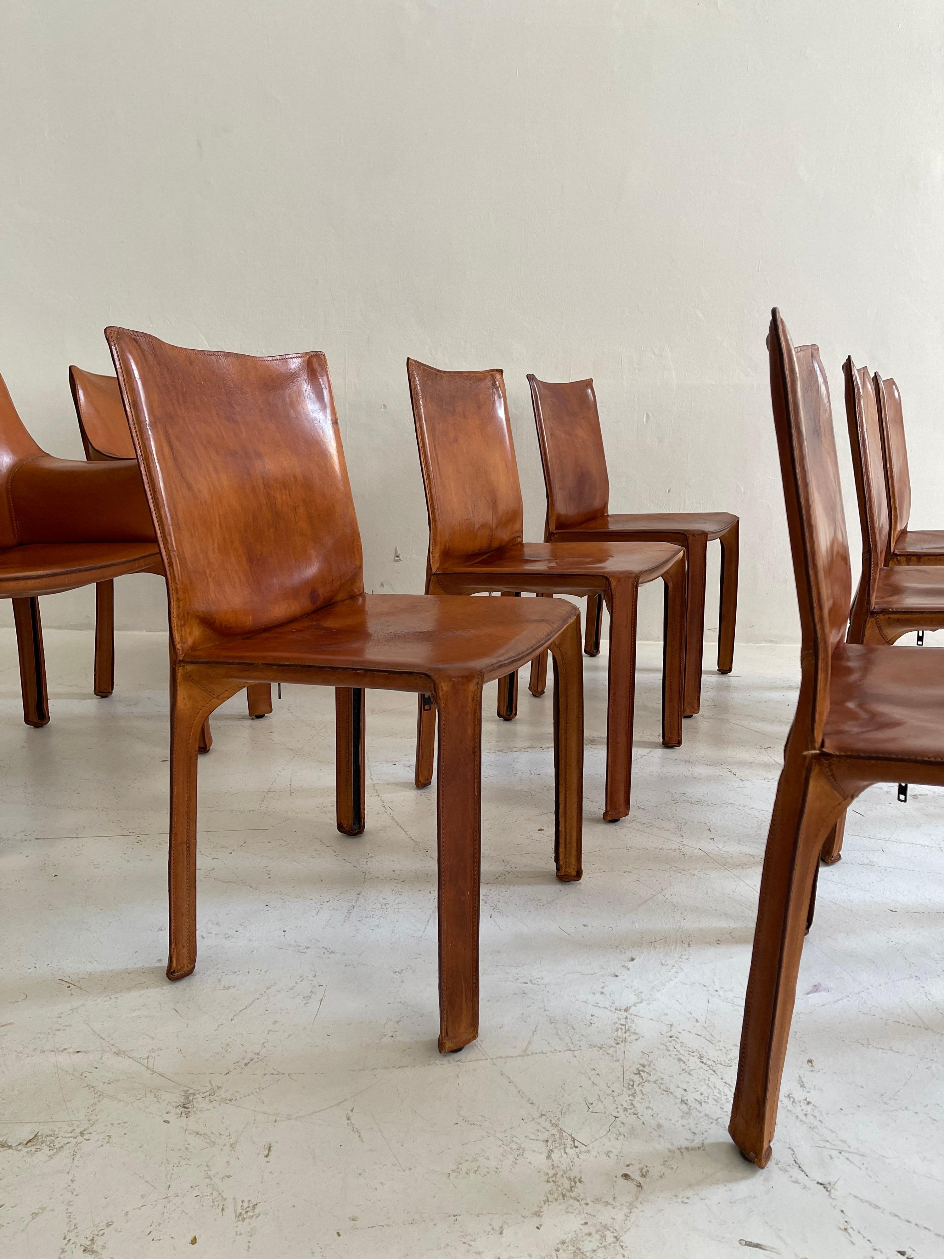 Mario Bellini CAB Stühle Achtergruppe Cassina:: patiniertes Cognacleder:: 1970er Jahre 2