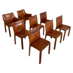 Mario Bellini CAB Chairs Set of Eight Cassina, Patinated Cognac Leather, 1970s