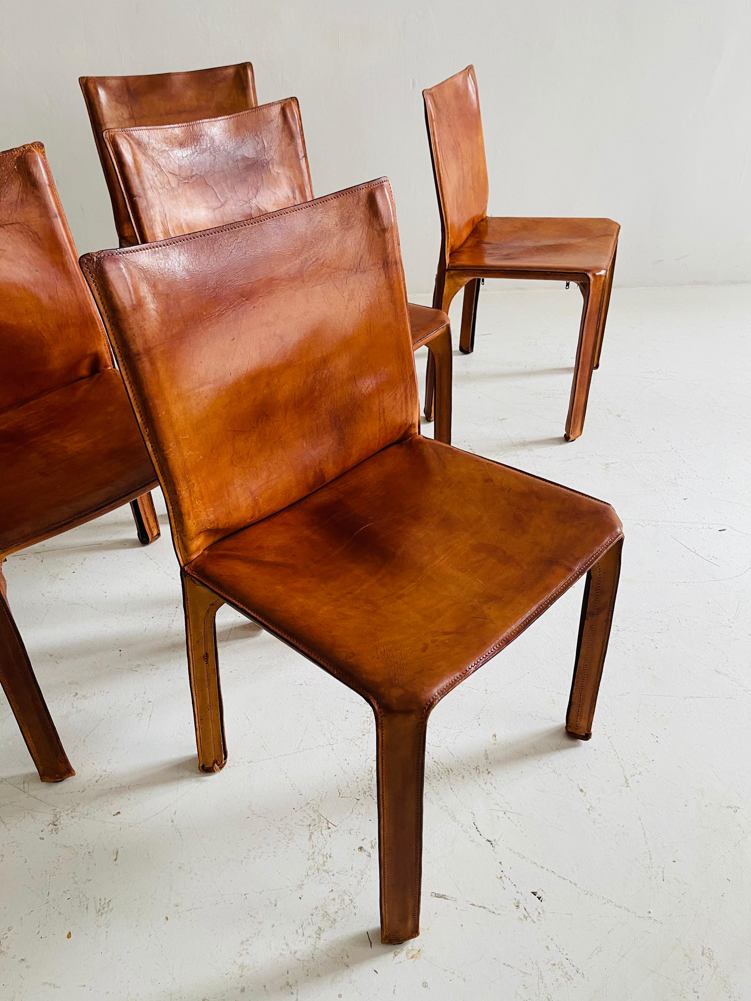 Mario Bellini CAB Chairs Set of Six by Cassina, Patinated Cognac Leather, 1970s 4