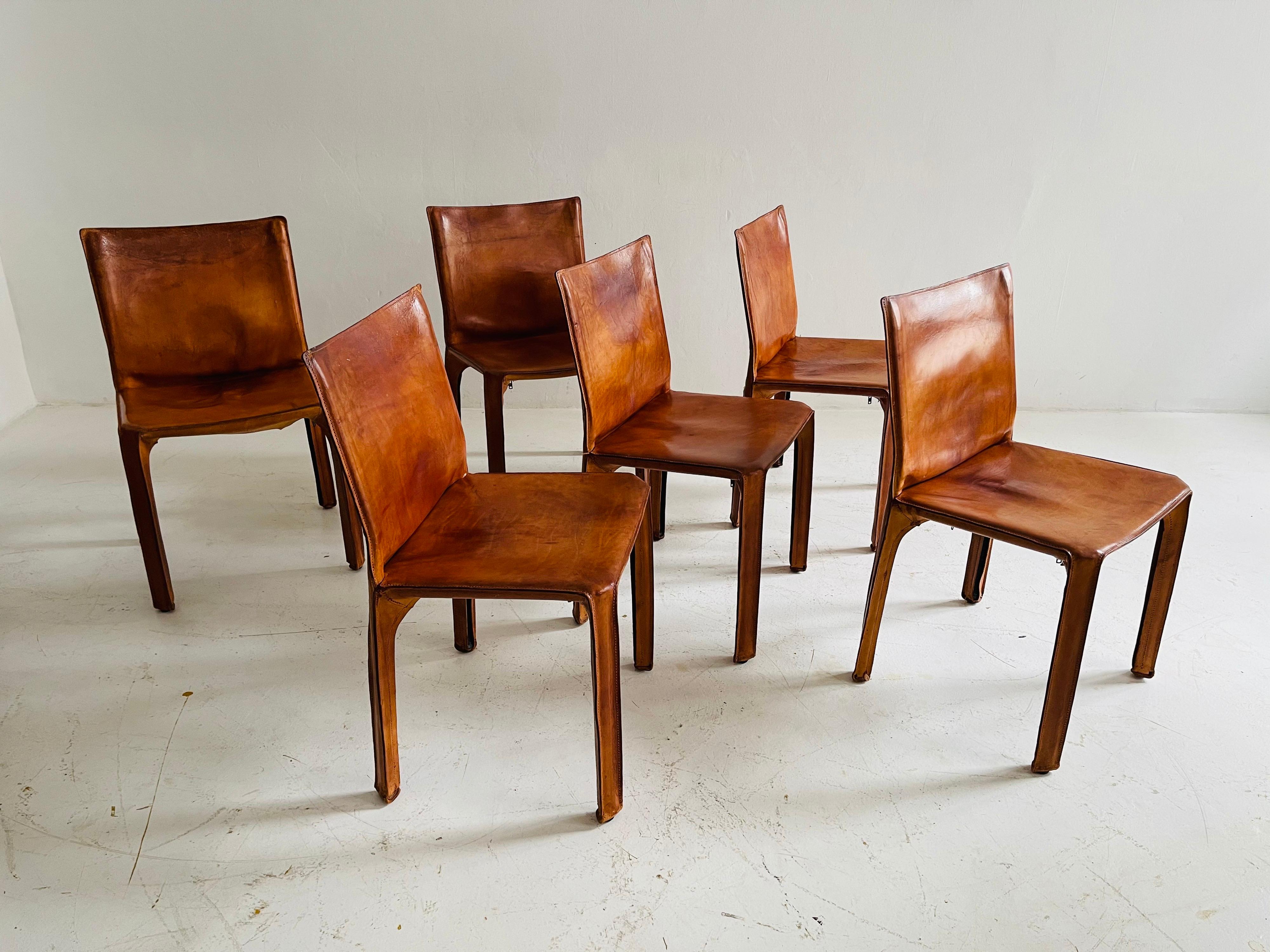 Mario Bellini CAB Chairs Set of Six by Cassina, Patinated Cognac Leather, 1970s 5