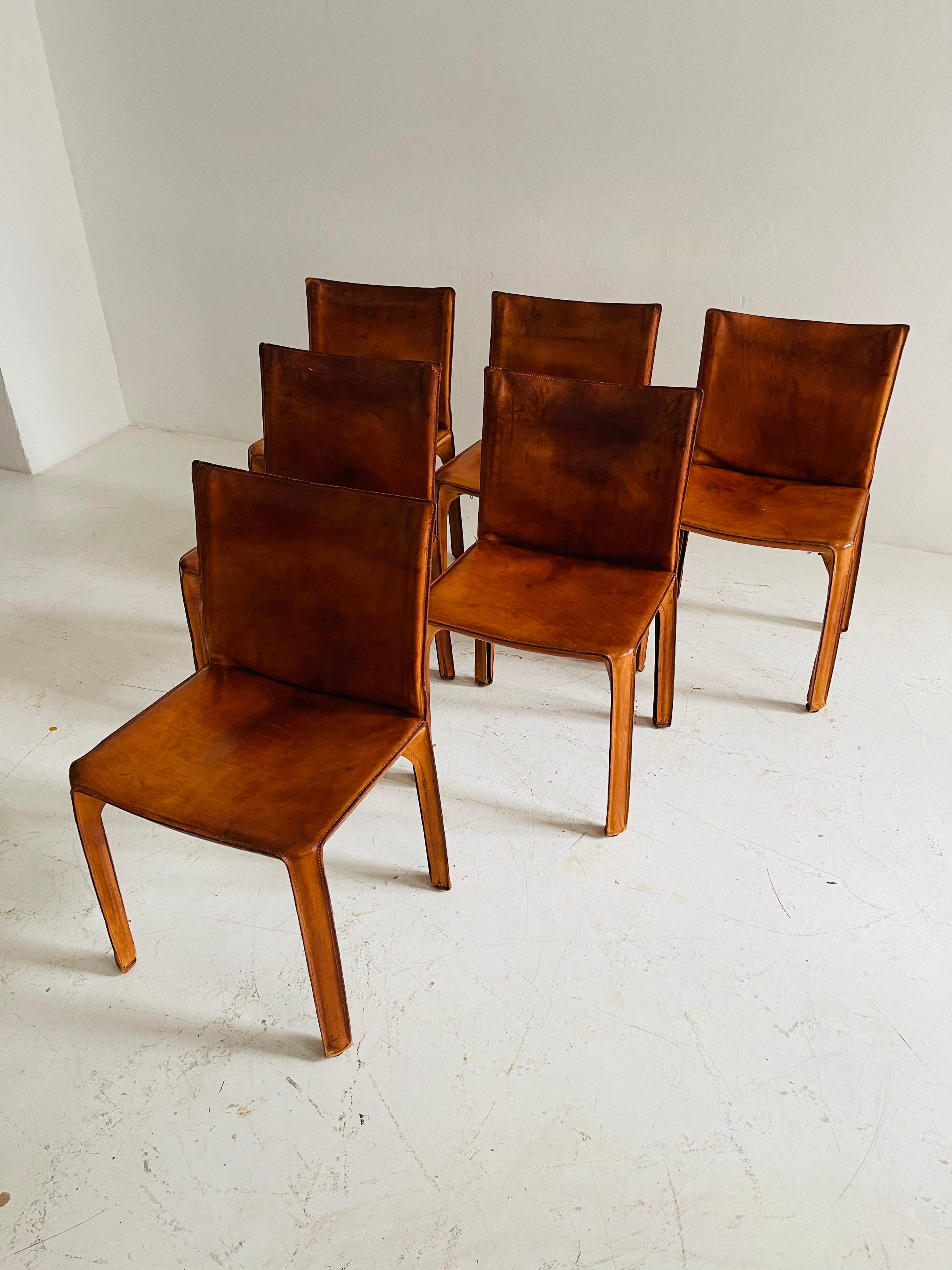 Mid-Century Modern Mario Bellini CAB Chairs Set of Six by Cassina, Patinated Cognac Leather, 1970s