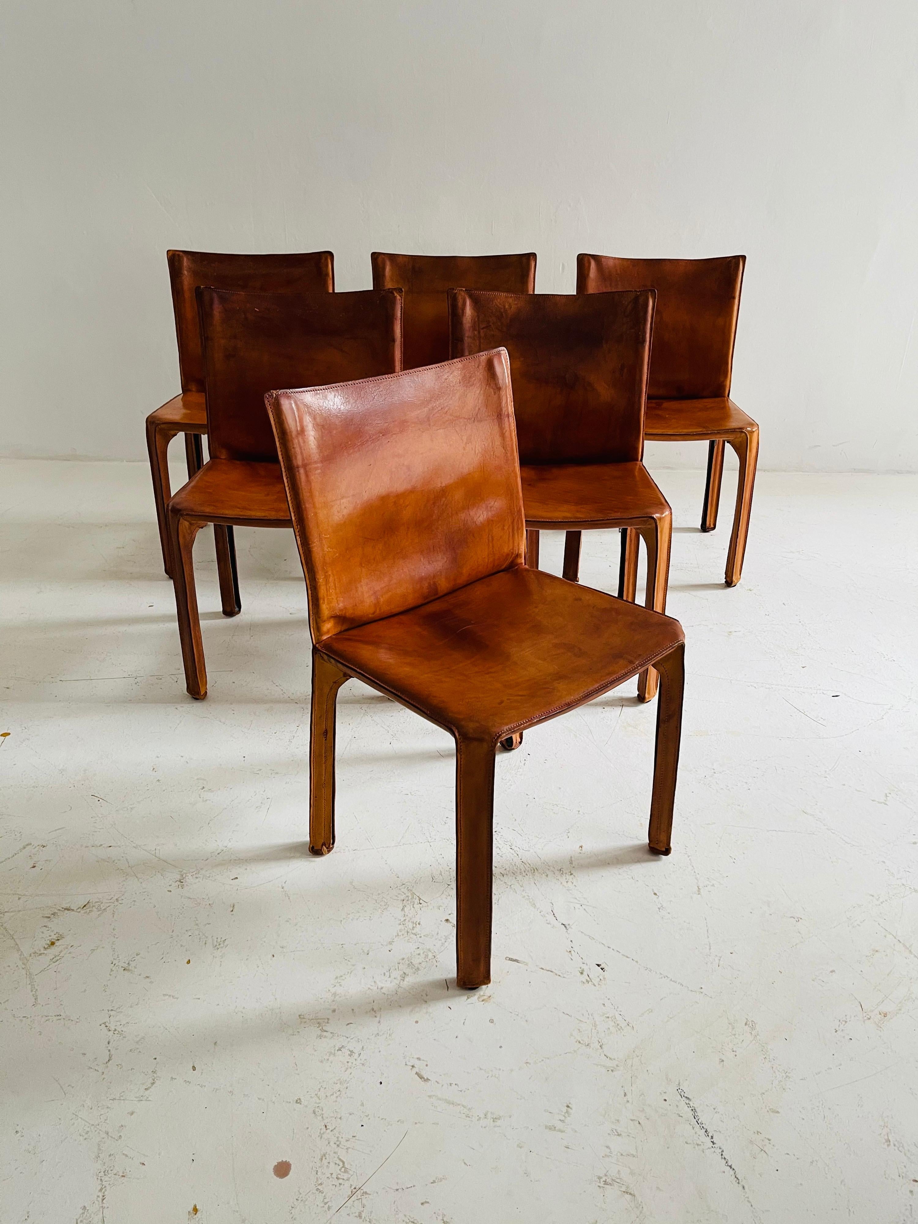 Italian Mario Bellini CAB Chairs Set of Six by Cassina, Patinated Cognac Leather, 1970s