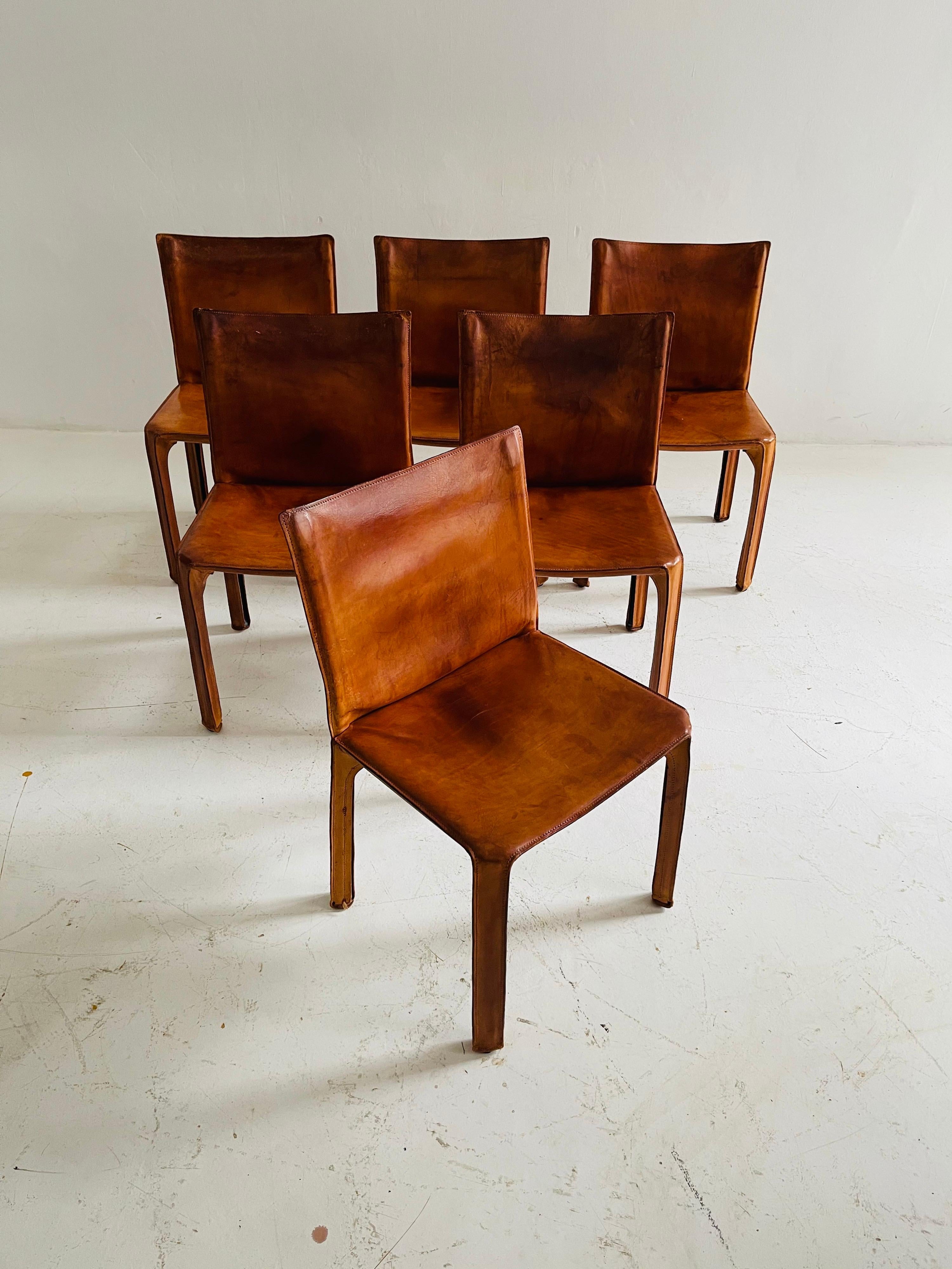 Mario Bellini CAB Chairs Set of Six by Cassina, Patinated Cognac Leather, 1970s In Fair Condition In Vienna, AT
