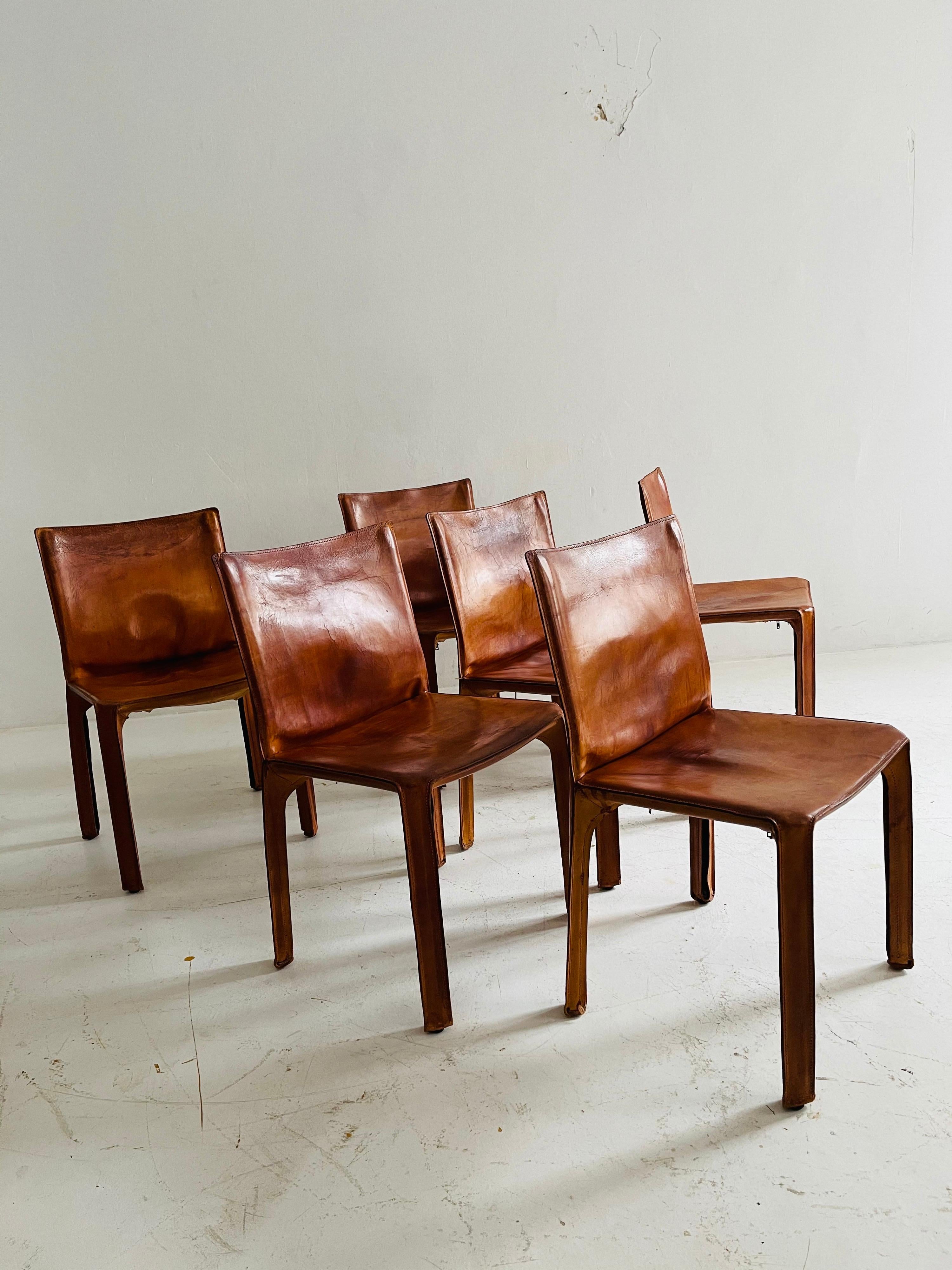 Late 20th Century Mario Bellini CAB Chairs Set of Six by Cassina, Patinated Cognac Leather, 1970s