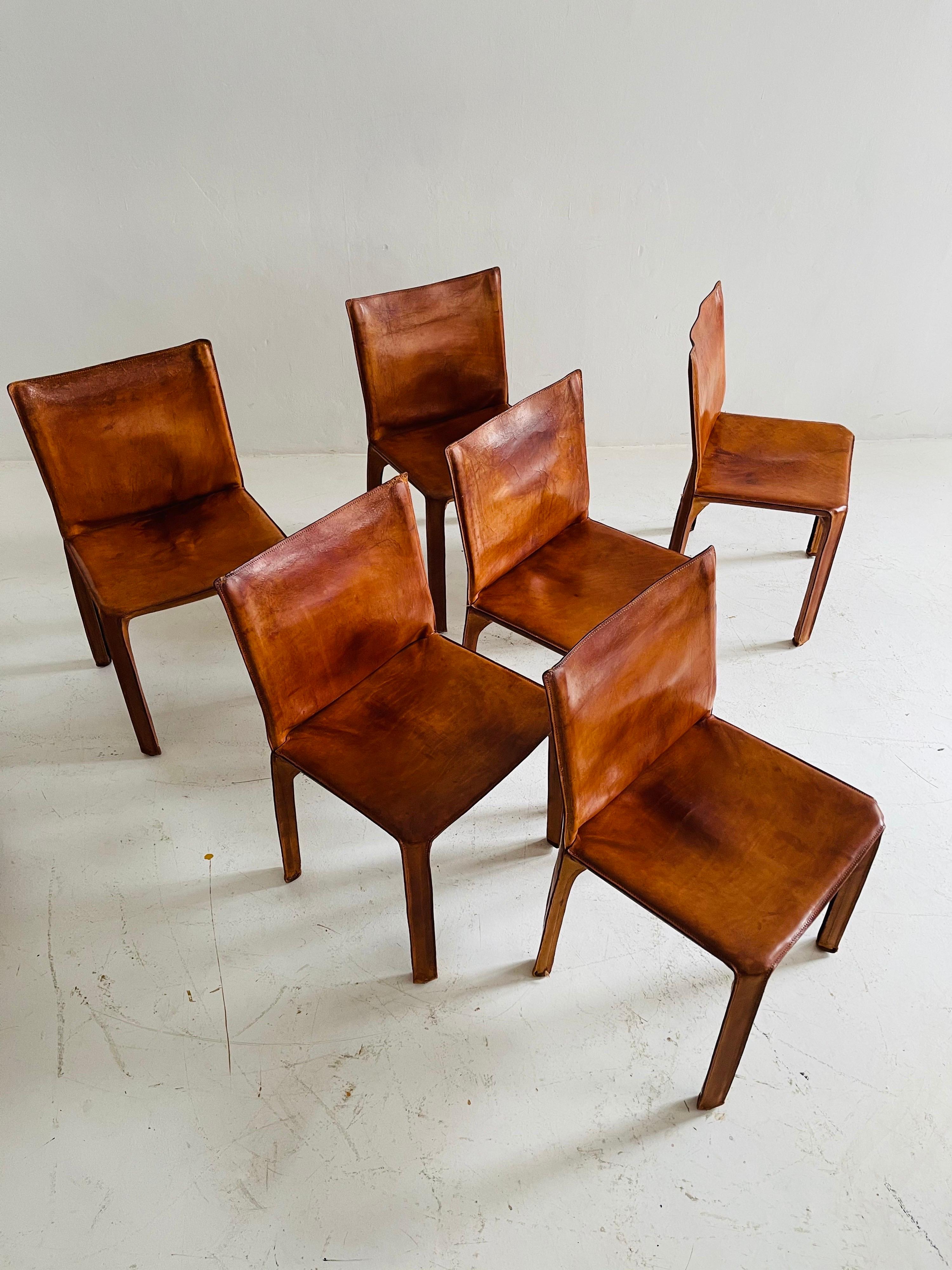 Mario Bellini CAB Chairs Set of Six by Cassina, Patinated Cognac Leather, 1970s 1