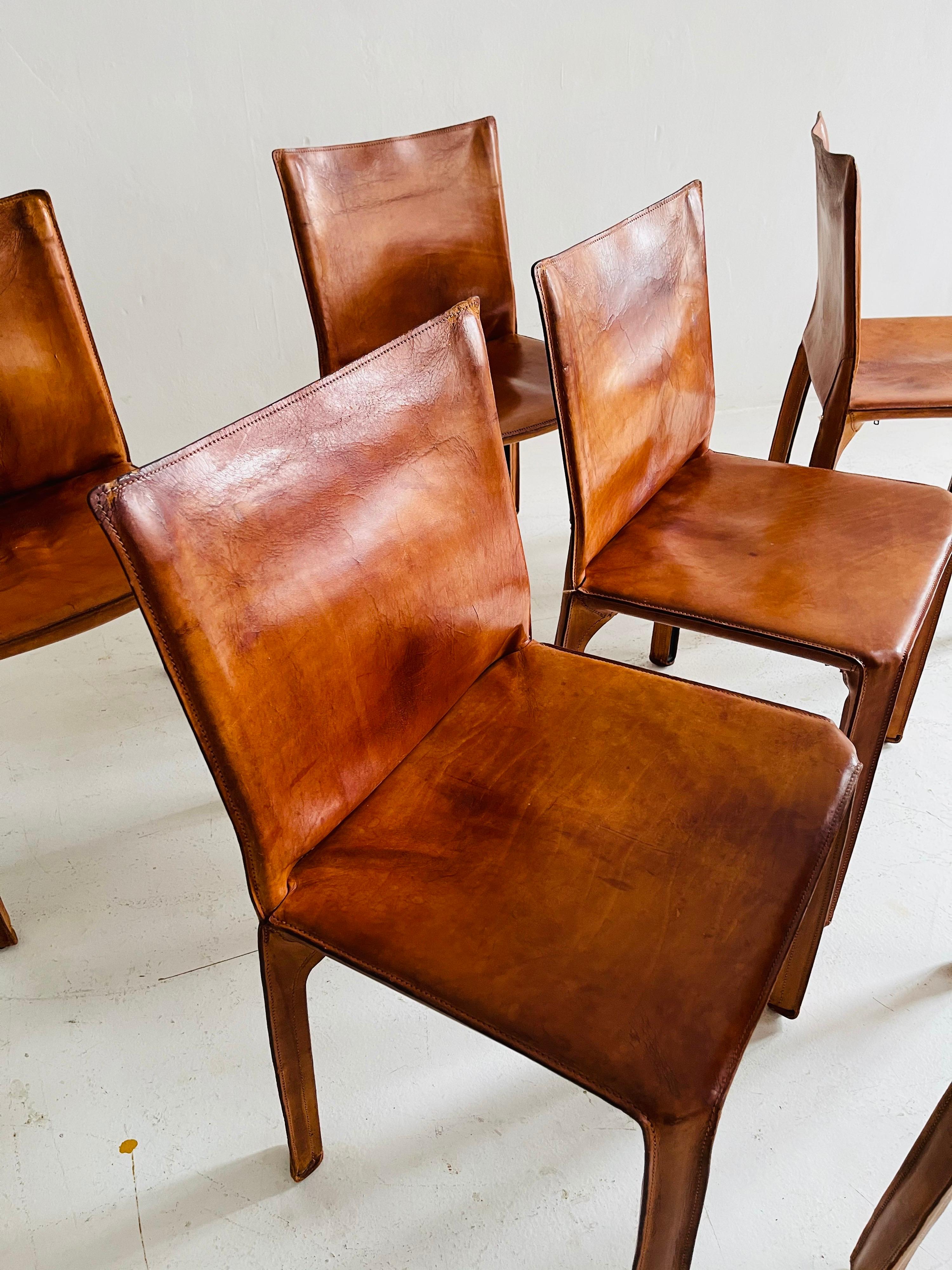Mario Bellini CAB Chairs Set of Six by Cassina, Patinated Cognac Leather, 1970s 3