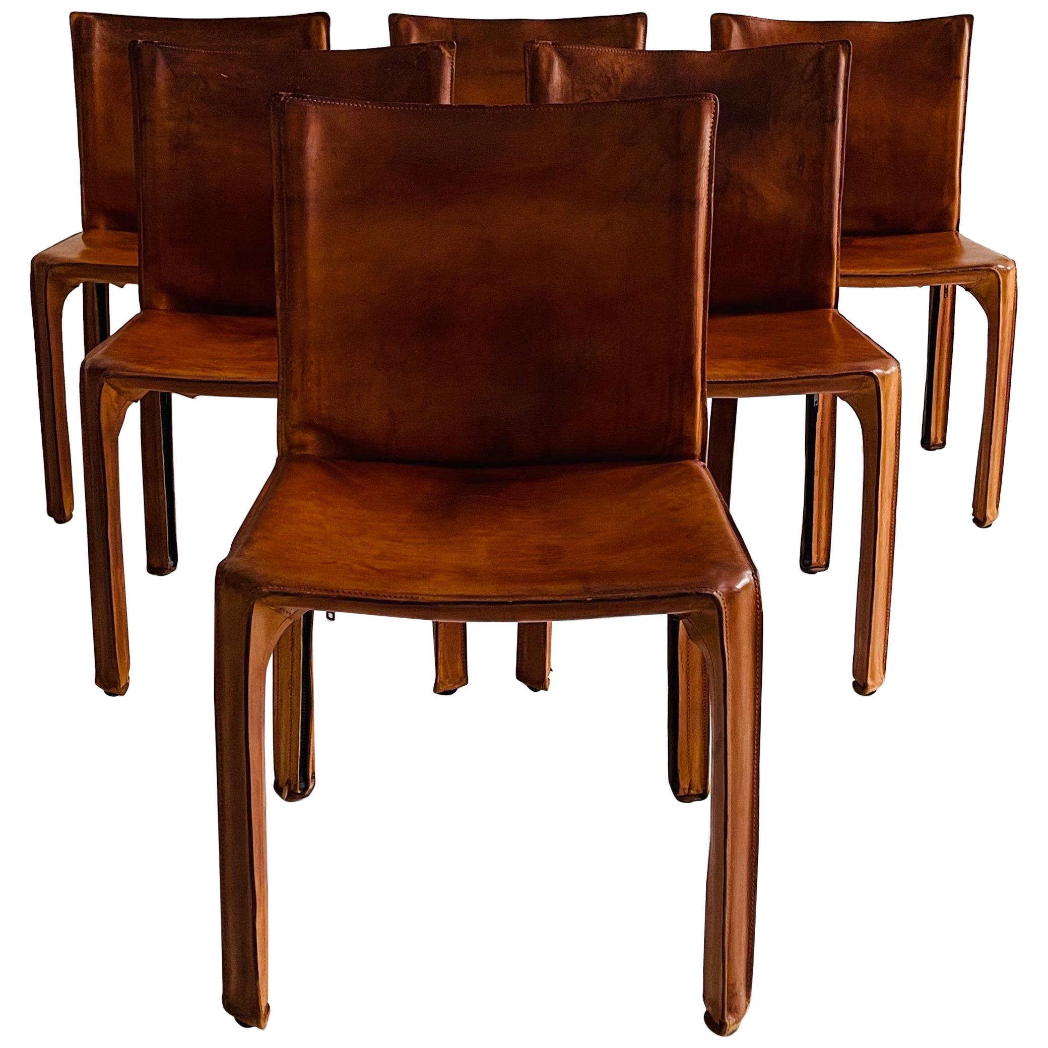 Mario Bellini CAB Chairs Set of Six by Cassina, Patinated Cognac Leather, 1970s