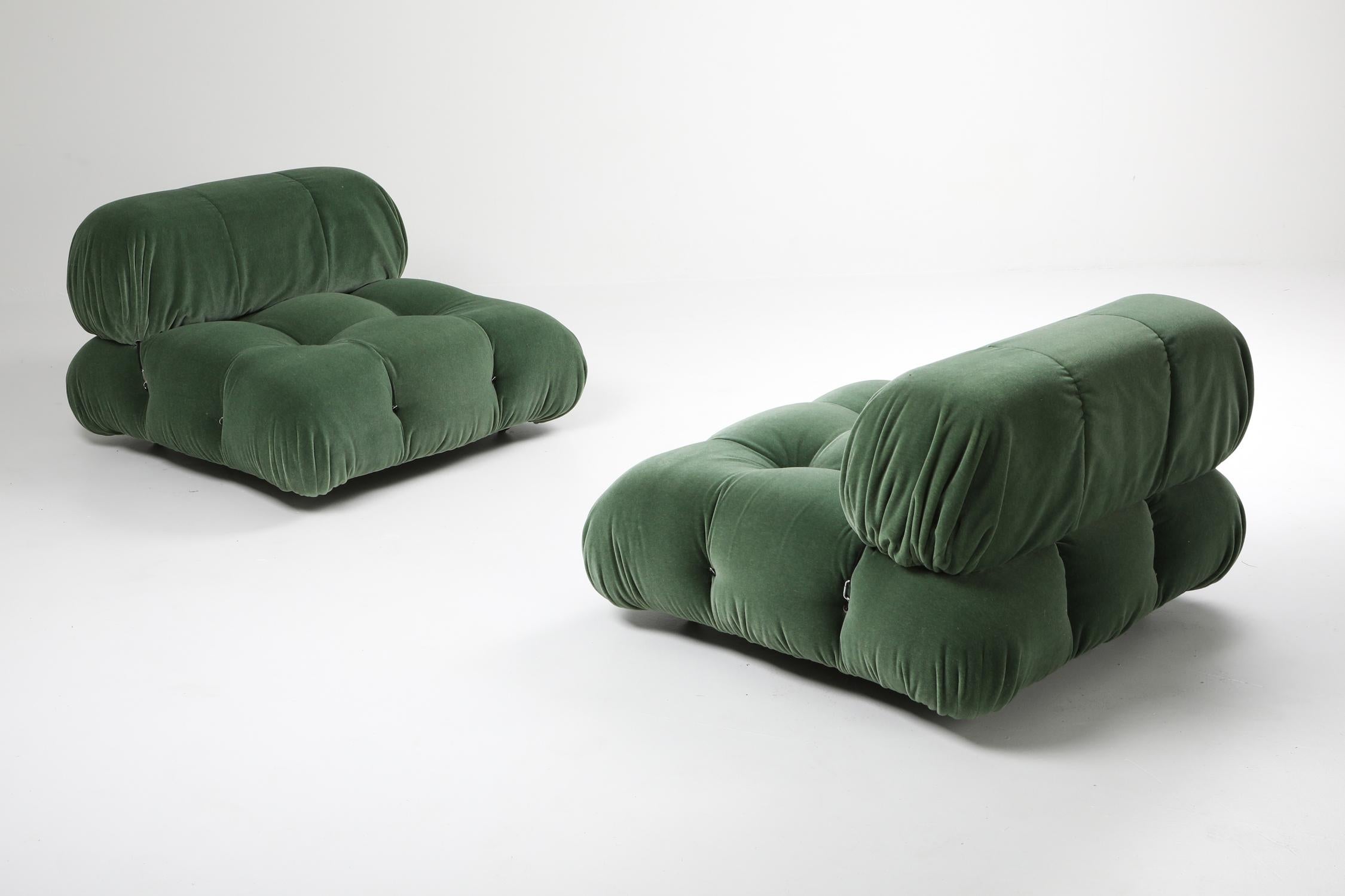 Camaleonda lounge chairs, Mario Bellini, green mohair by Pierre Frey

Camaleonda, Mario Bellini, vintage; modular camaleonda, newly reupholstered in green mohair by Pierre Frey; Green; Postmodern; Lounge chair; Sofa; Seating element; Italian design