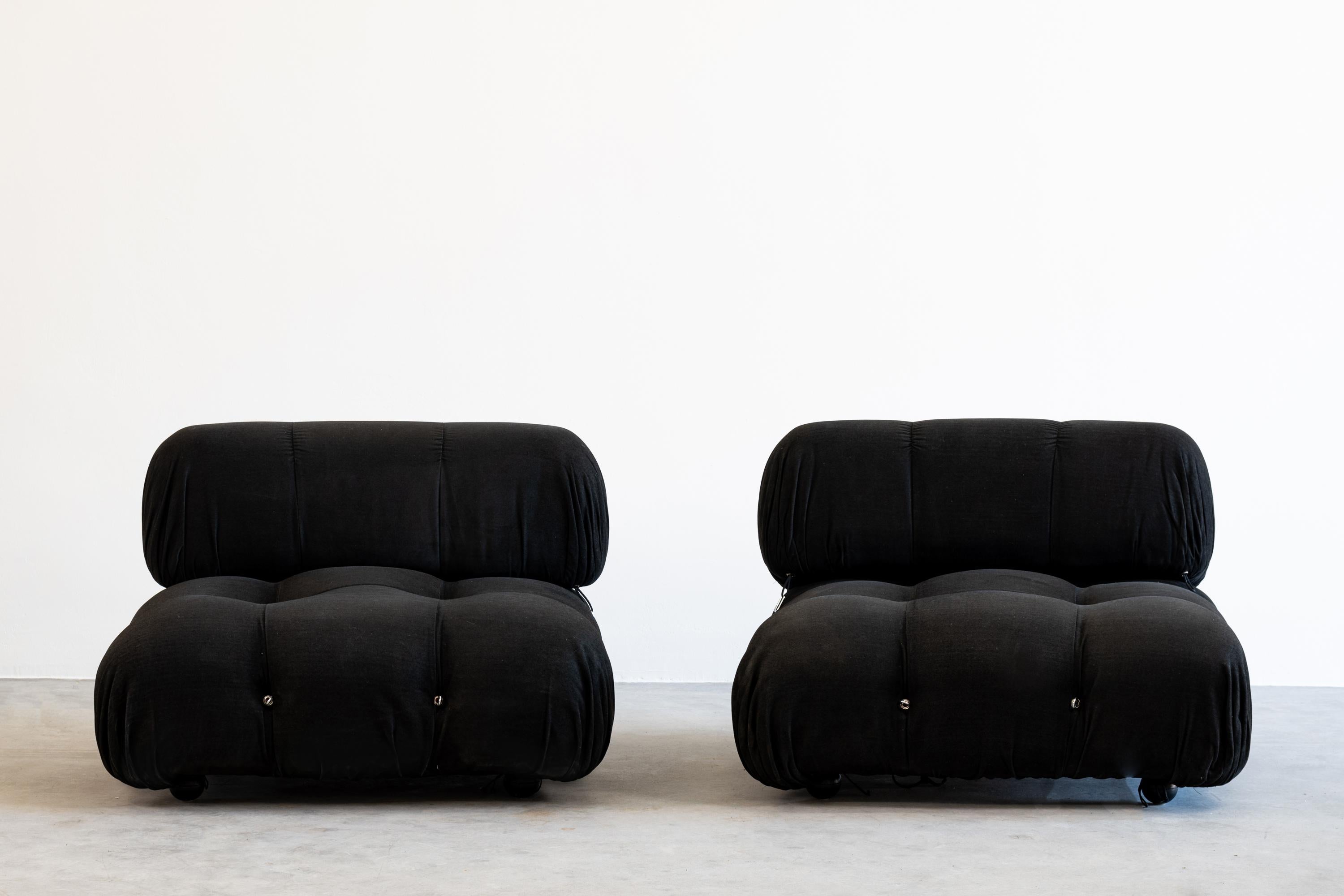 Iconic Camaleonda sofa with two modules. Structure in wood and upholstered in black velvet. Designed by Mario Bellini for B&B, Italy, circa 1970.
Measurements: Single module 95 x 95 x 70 cm.

Literature: G. Gramigna, Repertorio del design