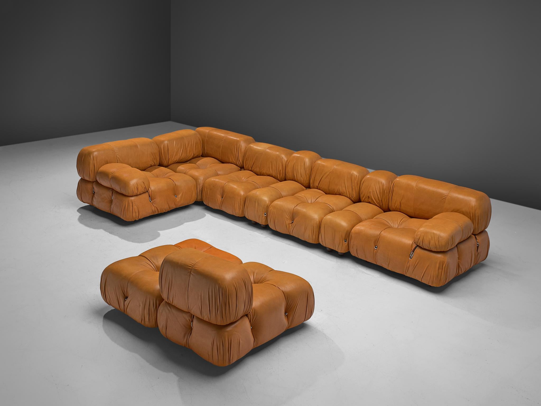 Mario Bellini, modular 'Cameleonda' sofa in original cognac leather, Italy, 1972. 

The sectional elements designed by the Italian Mario Bellini can be used freely and apart from one another. The backs and armrests are provided with rings and