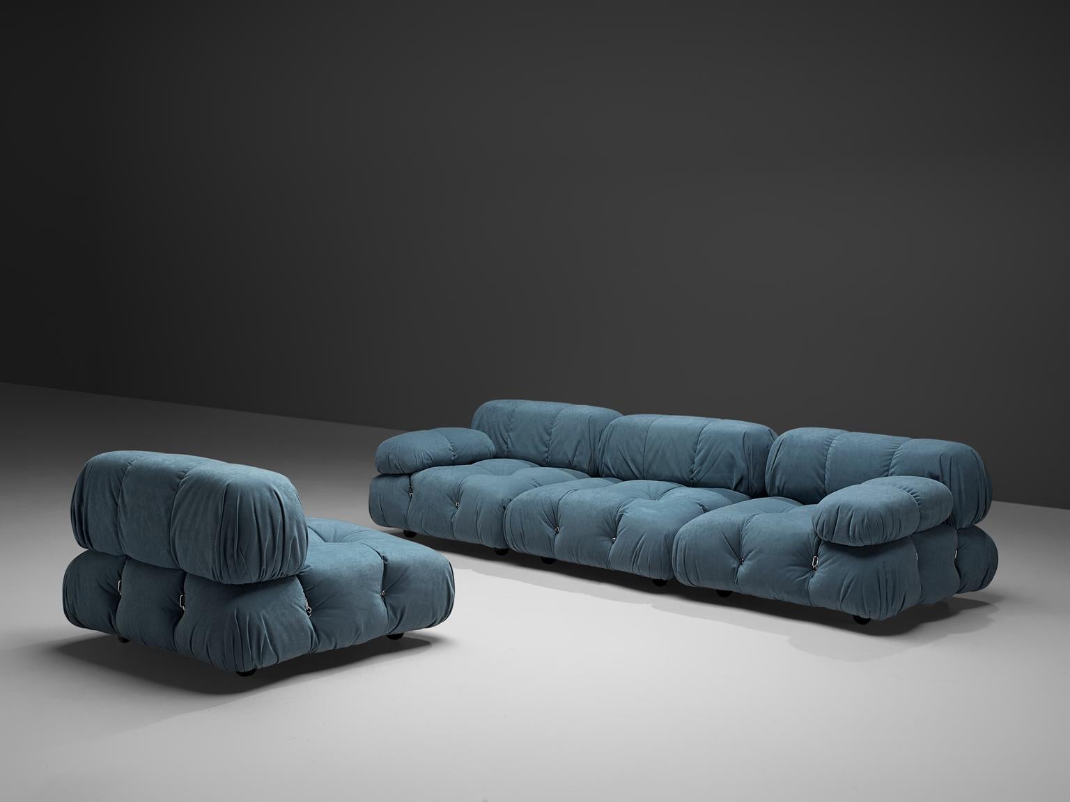 Mario Bellini, modular 'Cameleonda' sofa in in light blue, Italy, 1972.

The sectional elements of this sofa can be used freely and apart from one another. The upholstery on this piece features an blue original velvet. The backs are provided with