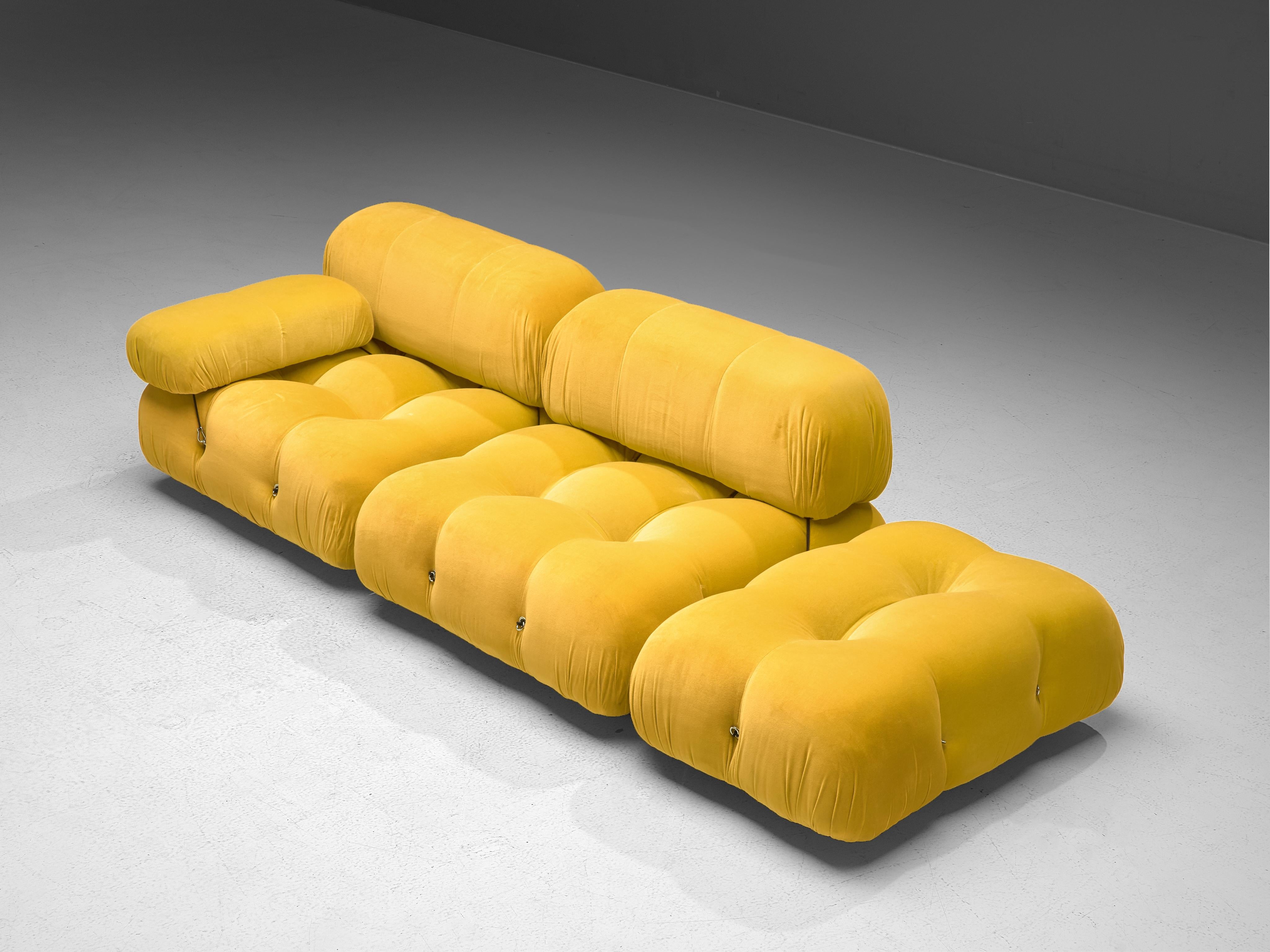 Mario Bellini, modular 'Cameleonda' sofa, yellow velvet, Italy, designed in 1972

The sectional elements of this sofa can be used freely and apart from one another. The backs are provided with rings and carabiners, which allows the user to create