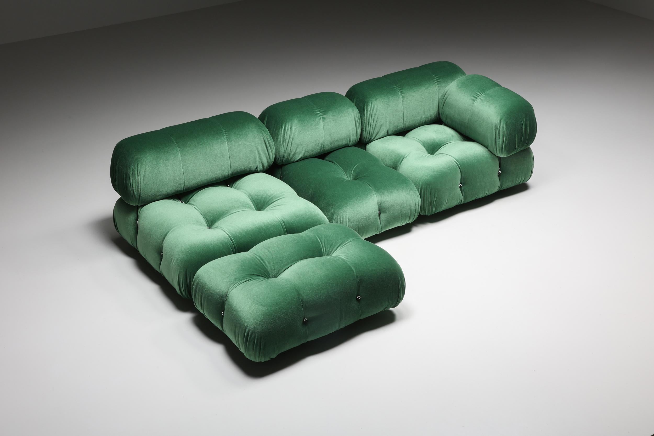 Camaleonda, Mario Bellini, vintage modular camaleonda, newly reupholstered in Pierre Frey green velvet; 

Postmodern modular couch by Mario Bellini for B&B Italia in the 1970s. The entire sofa consists of 4 big seating elements, 4 backrests. The