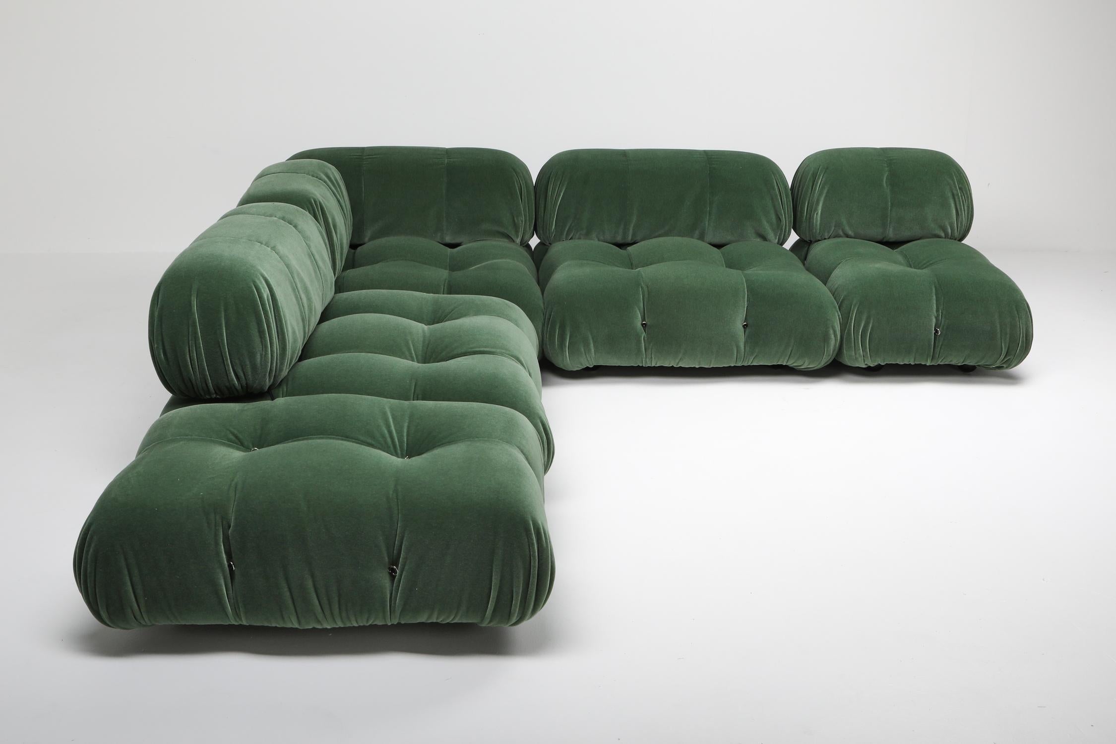 Camaleonda sectional sofa, Mario Bellini, green mohair by Pierre Frey.
We could also upholster or reupholster more modular elements to create a bespoke sectional sofa. 

This modular sofa was designed by Mario Bellini in 1971 and was manufactured