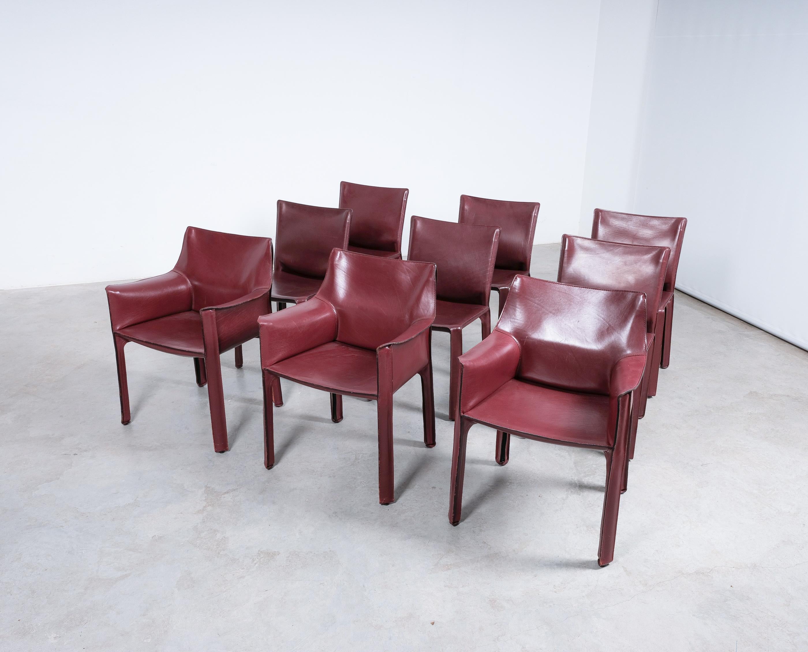 Mario Bellini Cassina Cab 412, 413 Set of Ten 10 Red Leather Dining Chairs In Good Condition In Vienna, AT
