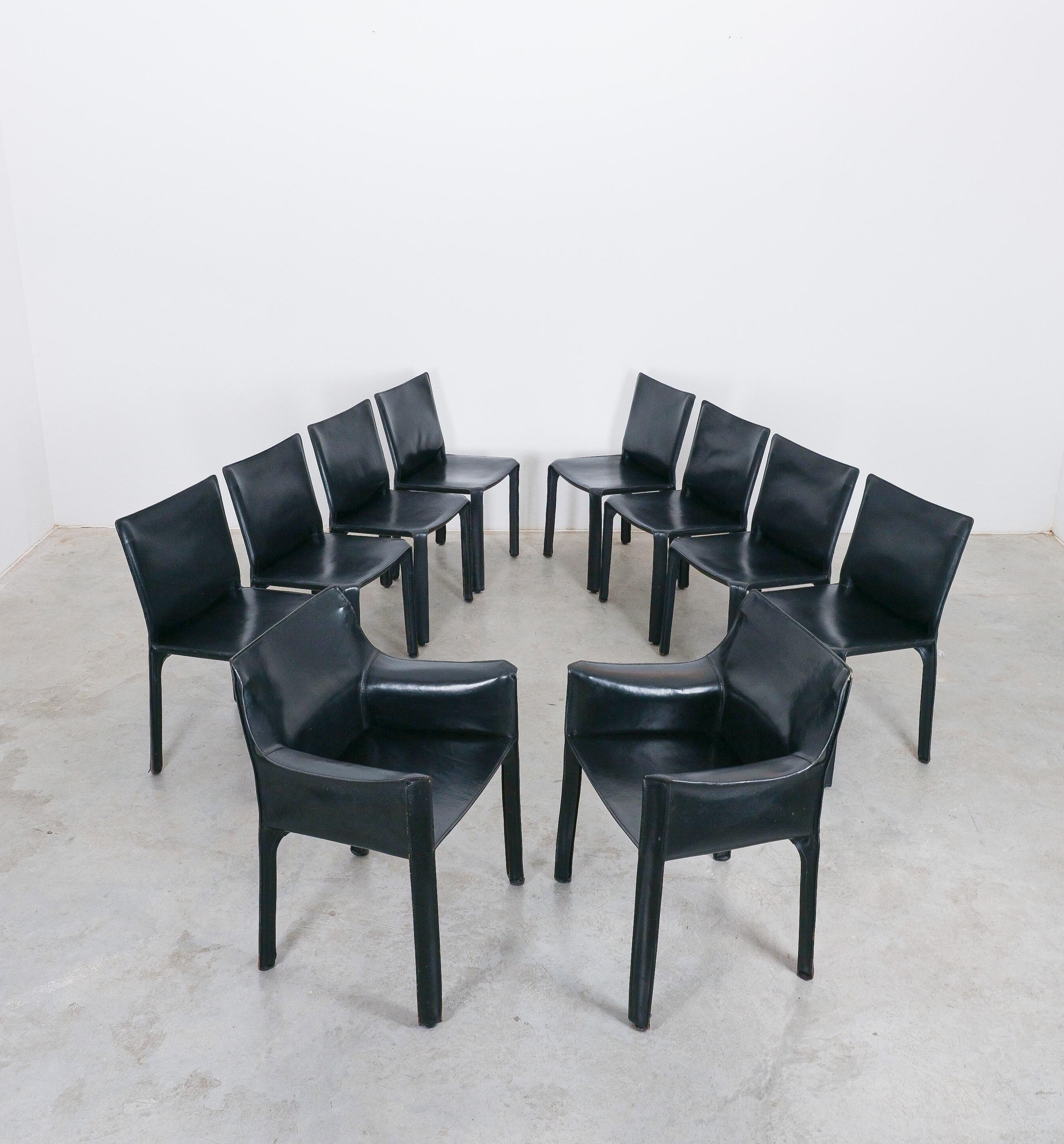 Post-Modern Mario Bellini Cassina Cab 412 + Cab 413 - 10 Black Leather Dining Chairs, 1980