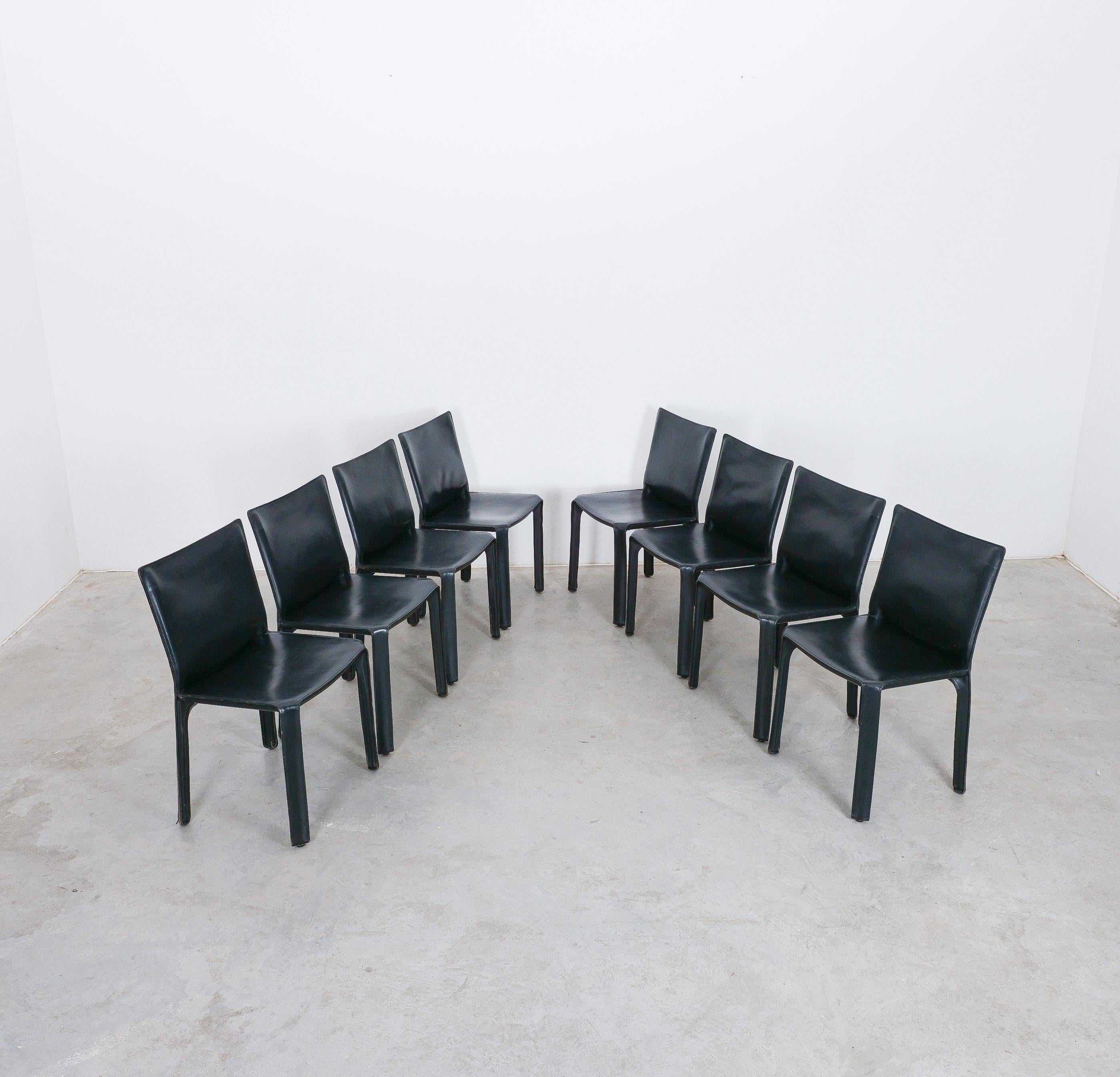 Italian Mario Bellini Cassina Cab 412 + Cab 413 - 10 Black Leather Dining Chairs, 1980