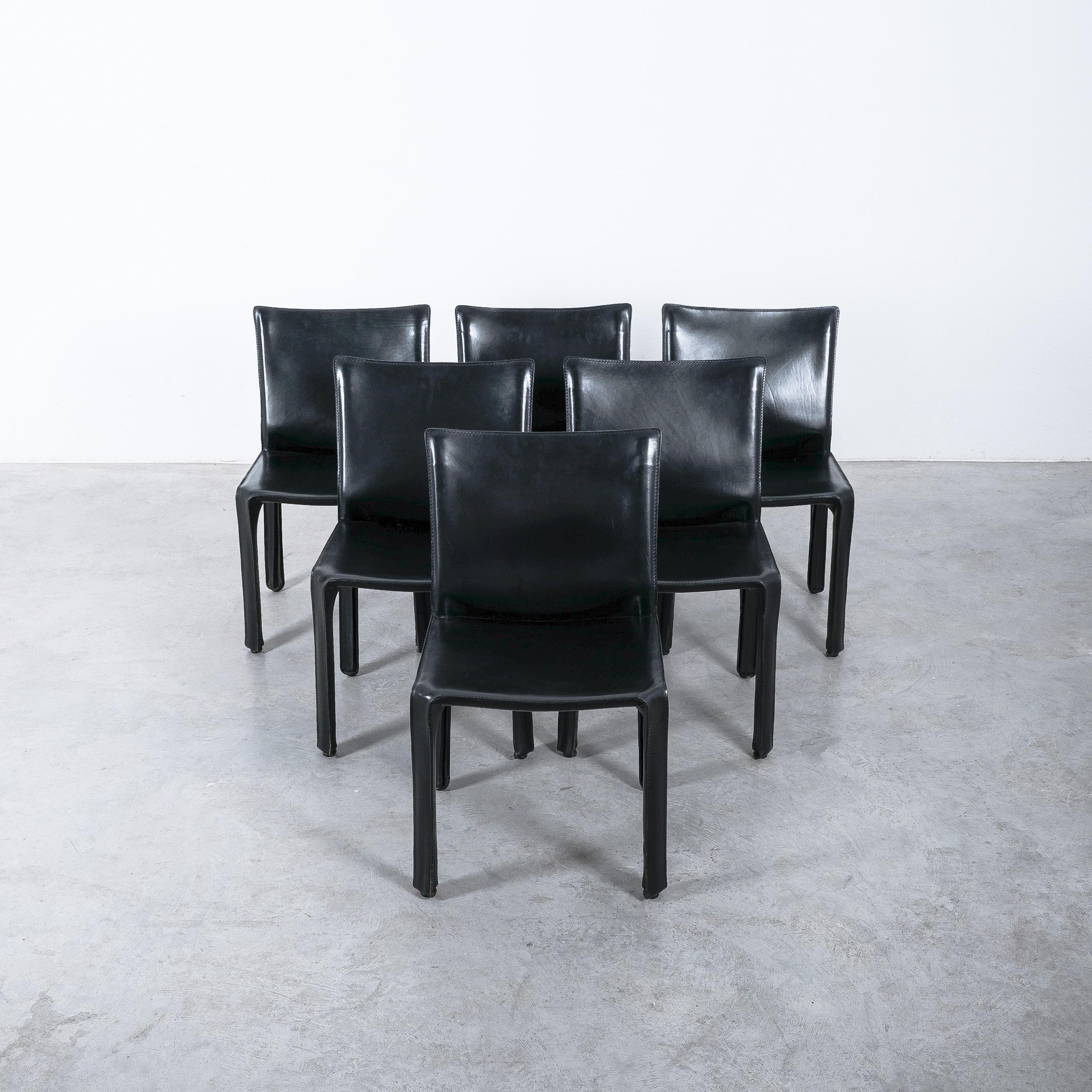 Mario Bellini Cassina Cab 412 + Cab 413 - 10 Sillas de comedor de cuero negro, 1980 finales del siglo XX en venta