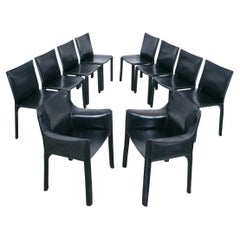 Mario Bellini Cassina Cab 412 + Cab 413 - 10 Black Leather Dining Chairs, 1980