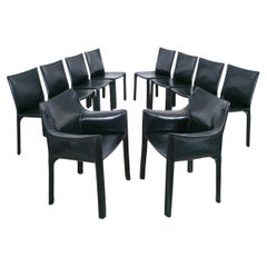 Mario Bellini Cassina Cab 412 + Cab 413 - 10 Sillas de comedor de cuero negro, 1980