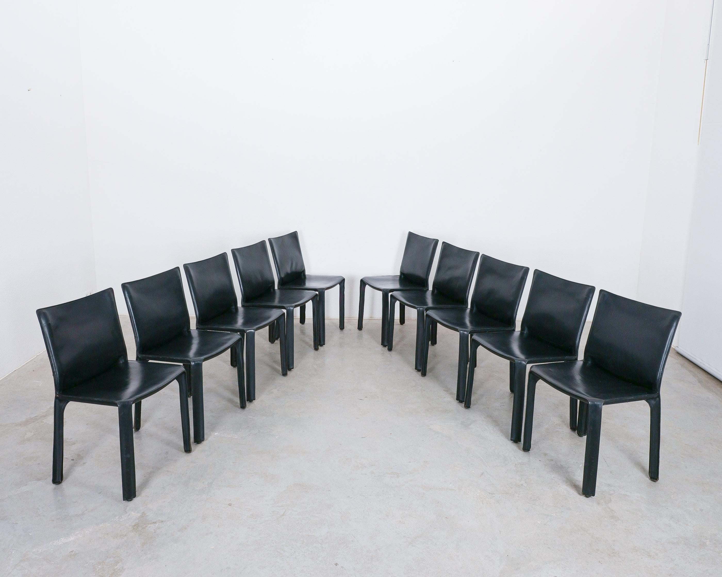 Post-Modern Mario Bellini Cassina Cab 412 + Cab 413 - 12 Black Leather Dining Chairs, 1980