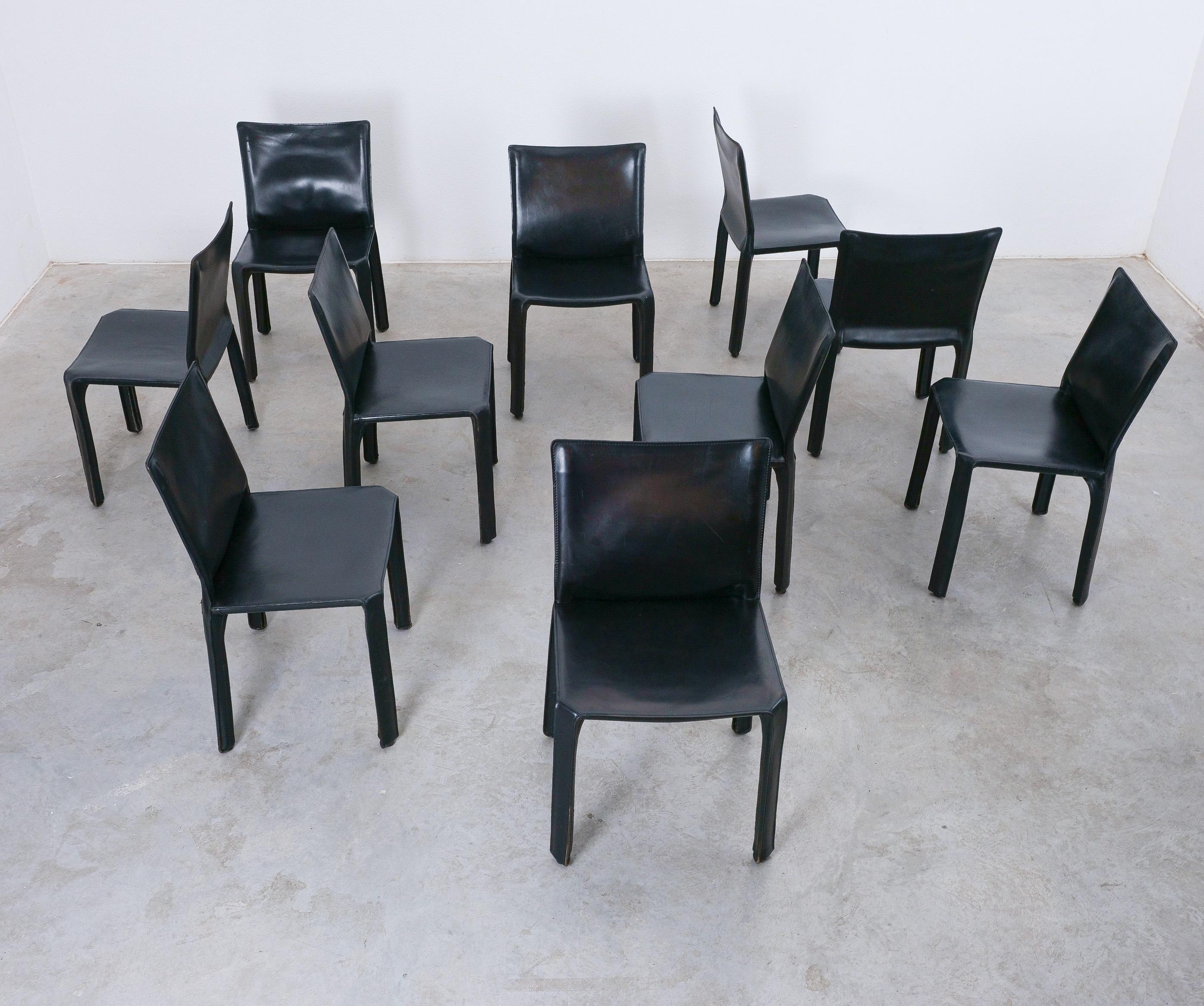 Italian Mario Bellini Cassina Cab 412 + Cab 413 - 12 Black Leather Dining Chairs, 1980