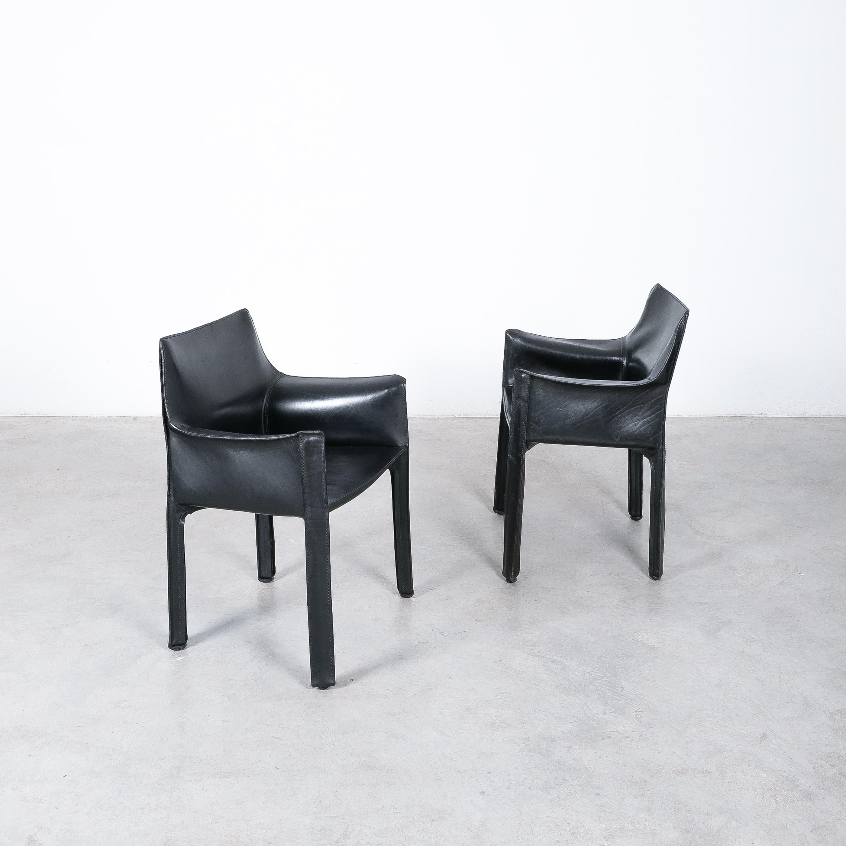 Mario Bellini Cassina Cab 412 + Cab 413 - 12 Sillas de comedor de cuero negro, 1980 Acero en venta