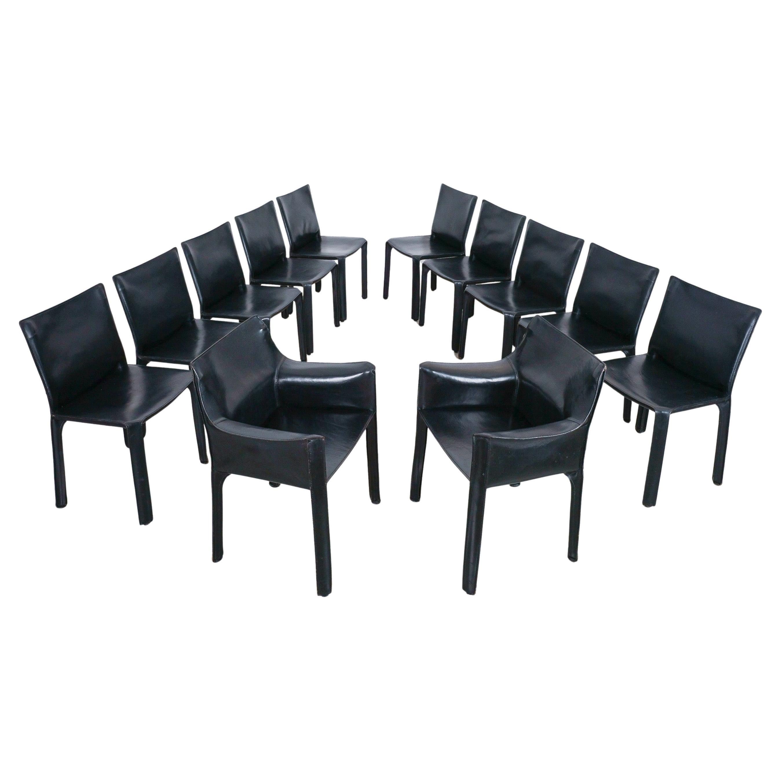 Mario Bellini Cassina Cab 412 + Cab 413 - 12 Black Leather Dining Chairs, 1980